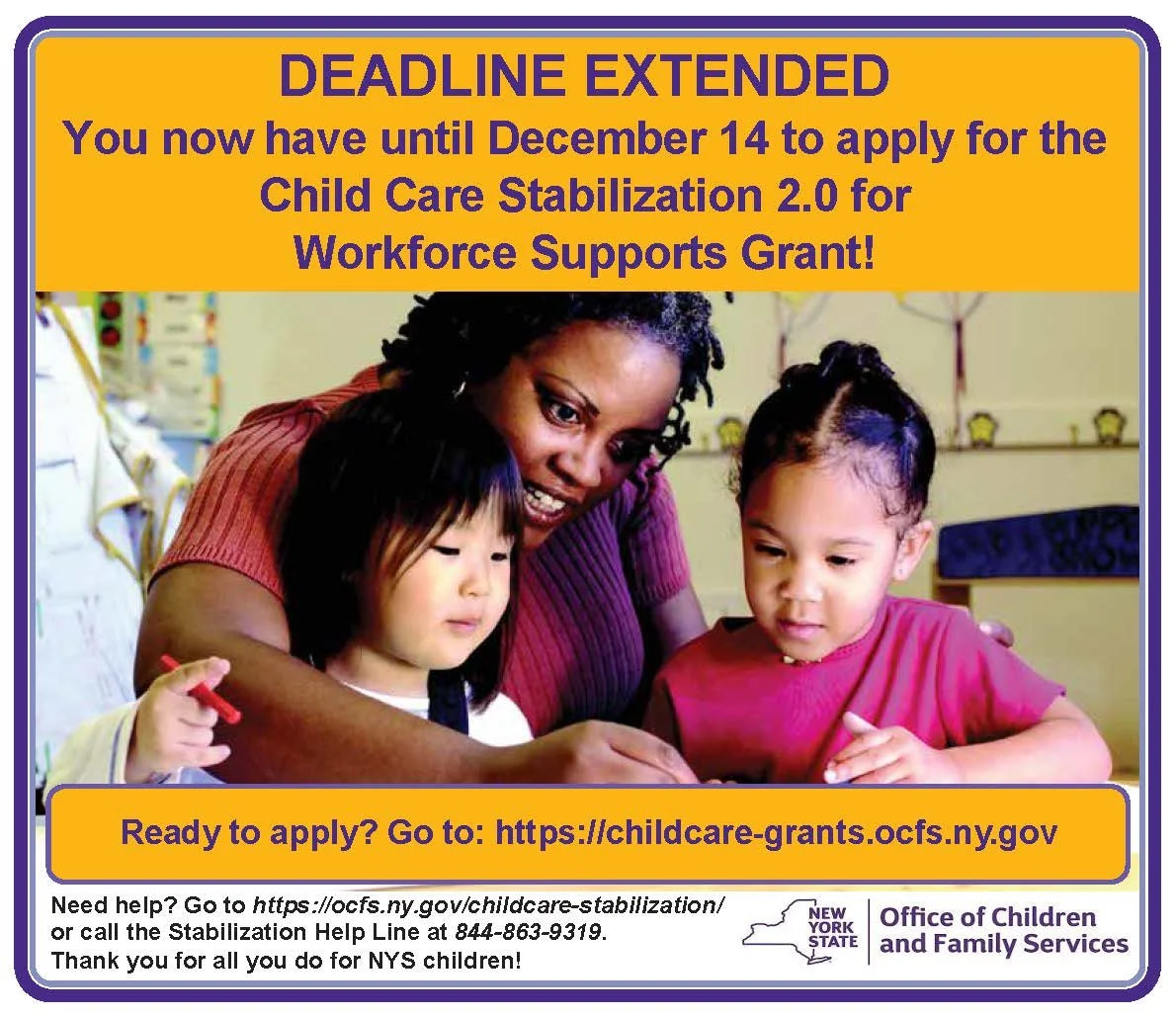 Child Care Stabilization Grant Application Deadline Extended