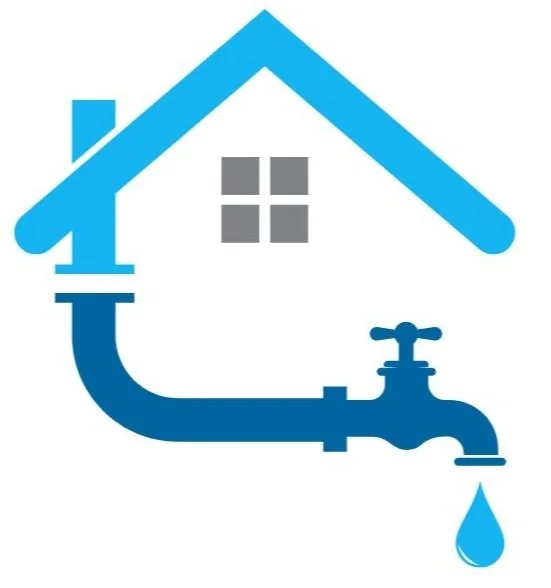 Illustration of a house with a water faucet and pipe, representing plumbing or water services, includes a water drop.