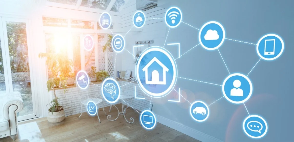 Smart home interior with digital icons representing connectivity, automation, and internet of things (IoT) features, such as cloud services, wireless internet, and smart devices.