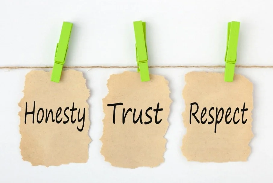 Three pieces of torn paper hanging on a line with green clothespins, each displaying a word: "Honesty," "Trust," and "Respect."