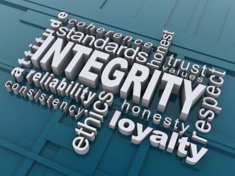 3D words about integrity and ethics, includes reliability, honesty, trust, loyalty, respect on a blue background.