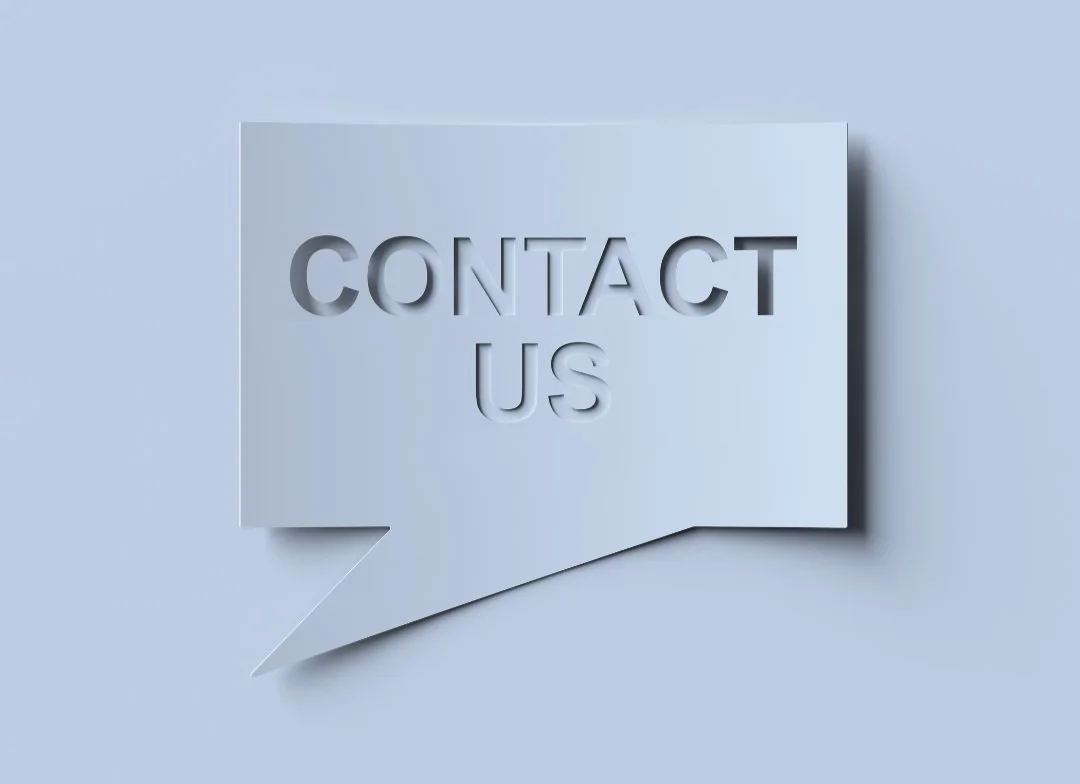 "Contact Us" text in a 3D speech bubble design on a light blue background.