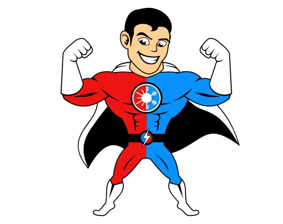 Cartoon superhero in red and blue costume with a black cape, posing with biceps flexed.