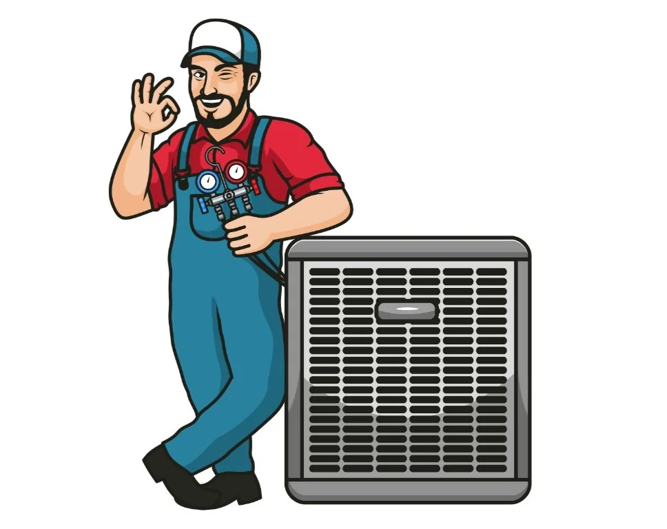 Cartoon HVAC technician in blue overalls, holding gauges, giving an OK sign, standing next to an air conditioning unit.