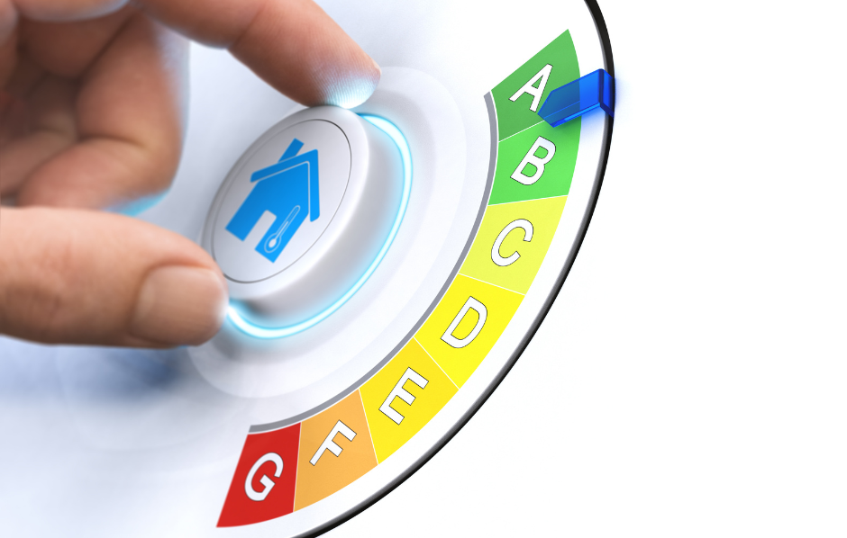 A hand adjusting a digital dial with energy efficiency levels from A to G, featuring a house icon.