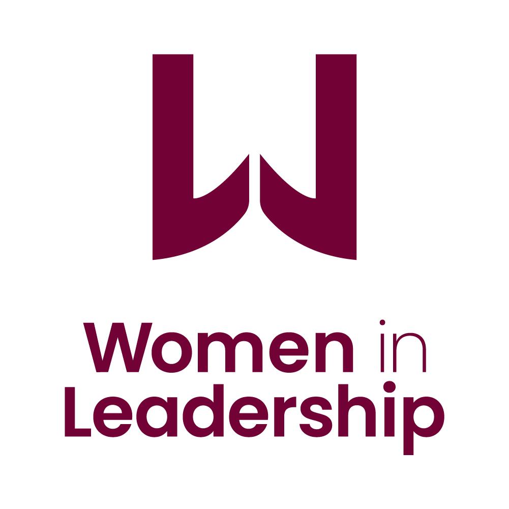 Logo with a stylized 'W' and the text 'Women in Leadership' underneath in dark purple.