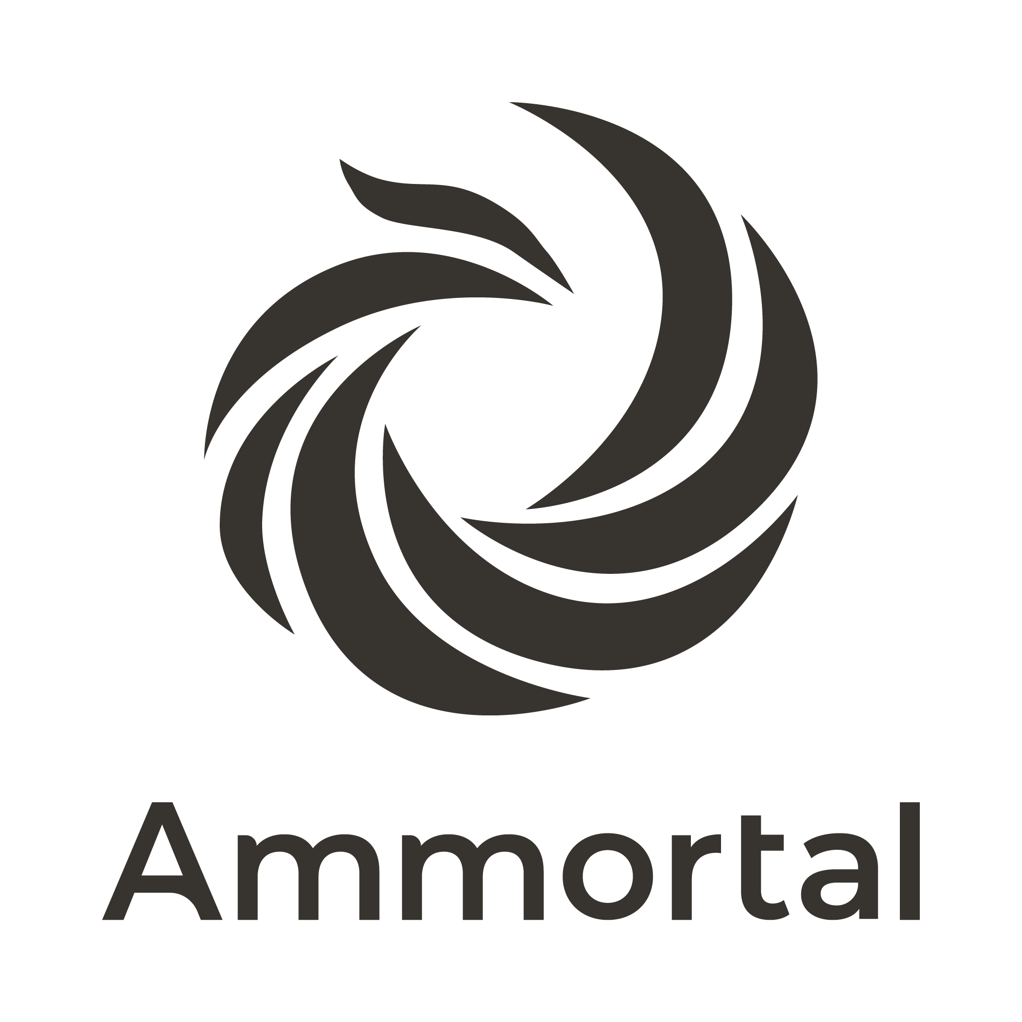Black background with the word 'Amort' and a stylized spiral design in dark gray above it.