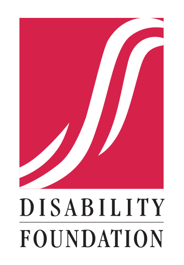 Logo of the Disability Foundation with a red background, white abstract curved lines, and black text.
