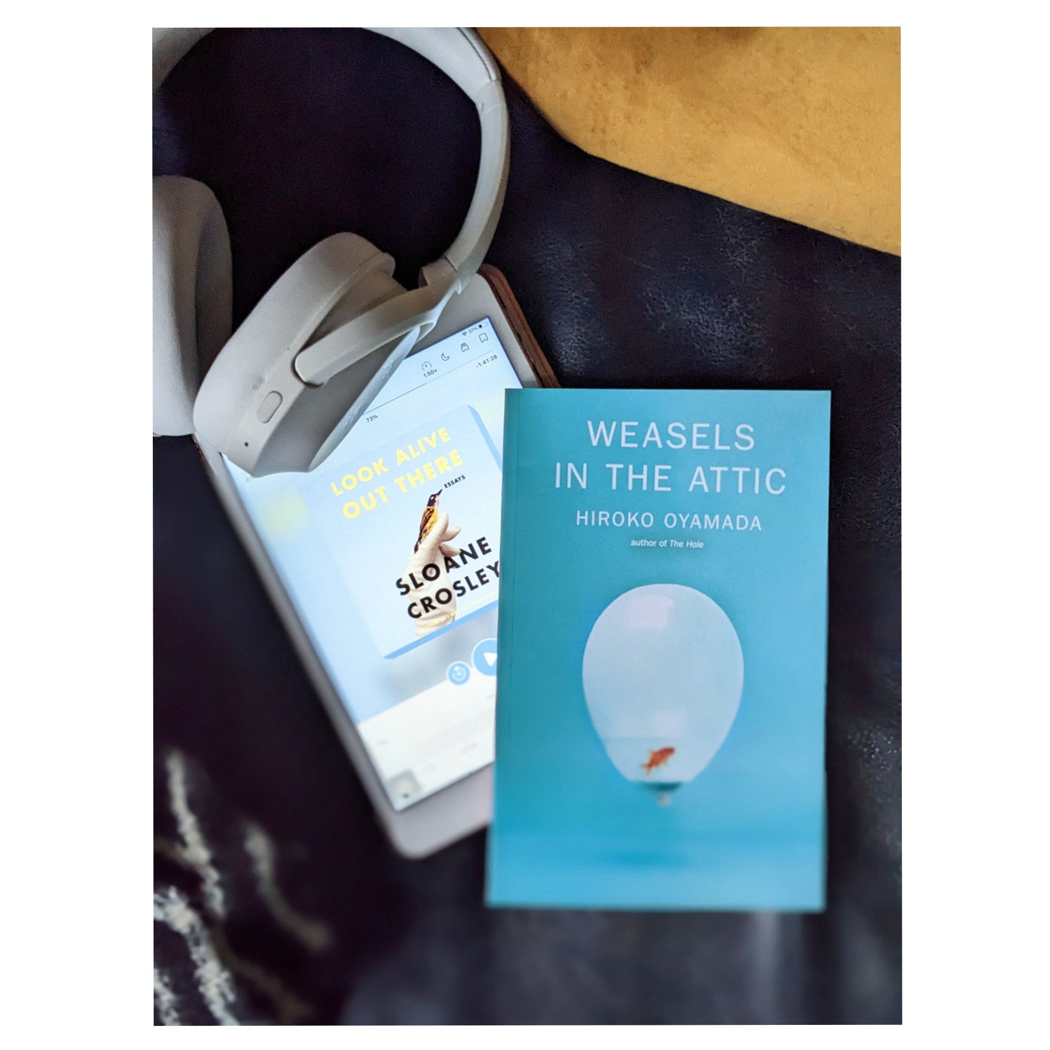 Paperback of Weasels in the Attic by Hiroko Oyamada. Audiobook displayed in Libby app, Look Alive Out There by Sloane Crosley. Cream can headphones. Velvet pillow, navy blue leather sofa, black and white graphic print blanket.