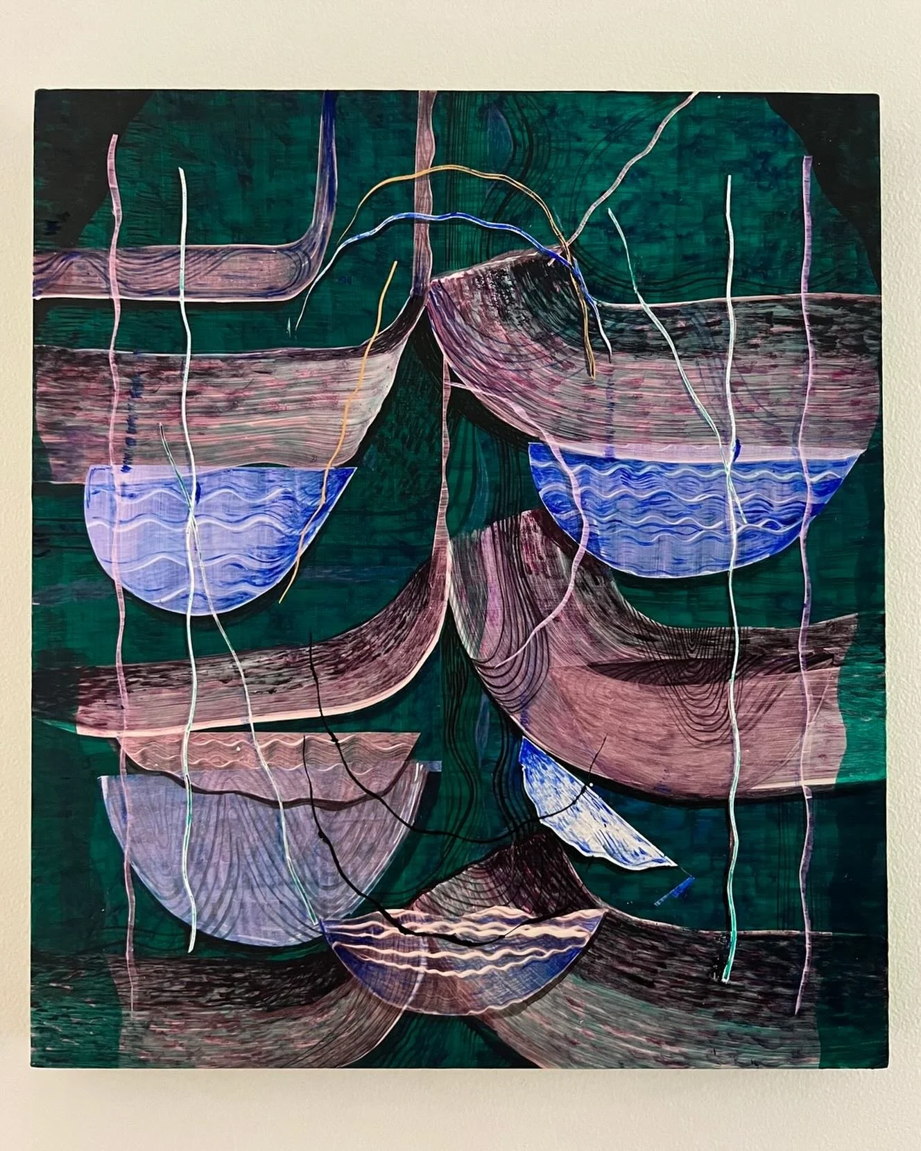&lsquo;Flow State and the Golden Thread,&rsquo; acrylic on birch board, 40x30cm, 2025.
#helenshelley #painting