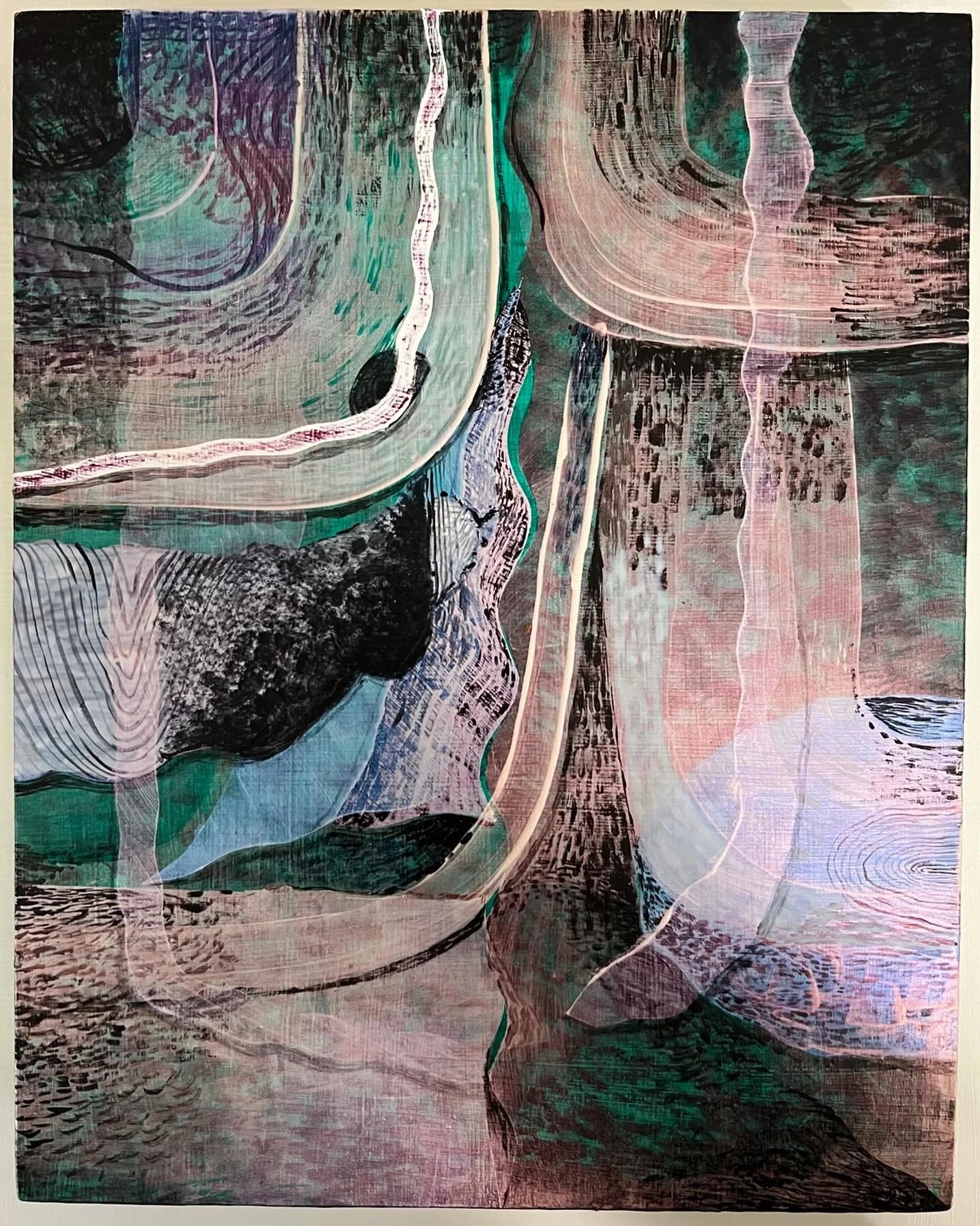 &lsquo;Flow State and the Golden Thread no.2,&rsquo; acrylic paint on birch board, 25x20cm, 2025. #helenshelley #painting