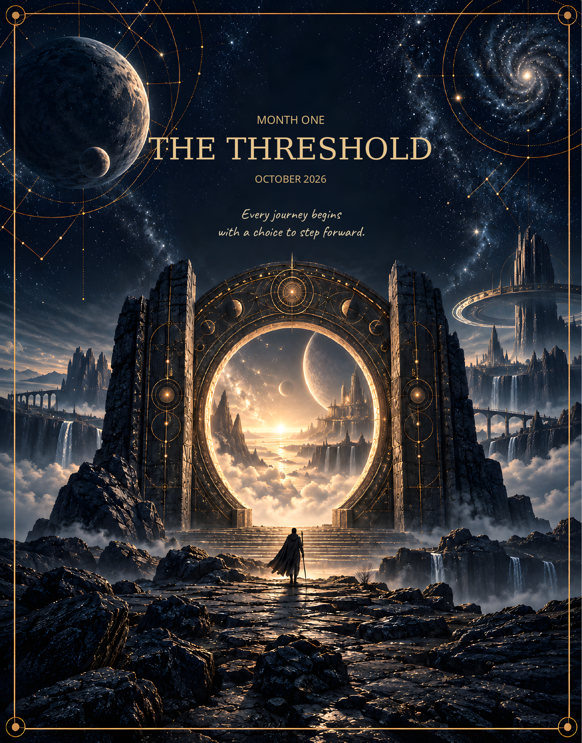 The Threshold, Month One, October 2026 printed cover: a gold celestial doorway beneath a star-filled navy sky.