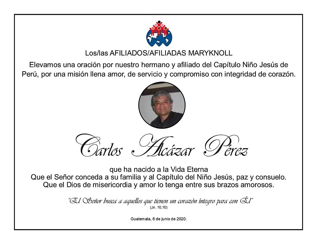 Carlos Alcázar Pérez - 2nd Affiliate death from COVID