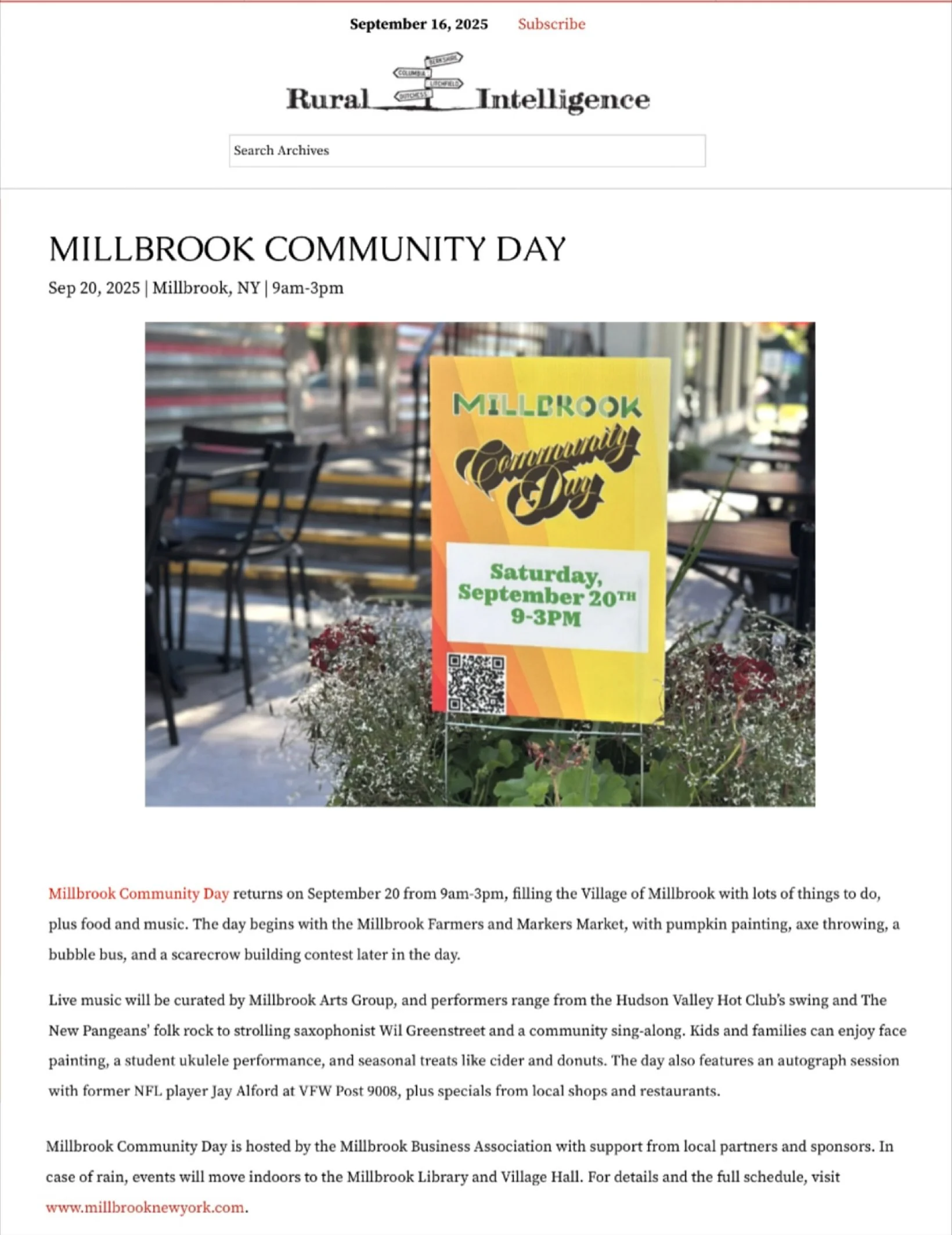 Millbrook Community Day &mdash; this Saturday &mdash; is featured today on Rural Intelligence. Thank you @ruralintel 💚

The Millbrook Business Association, in collaboration with the Village of Millbrook, Town of Washington, Millbrook Arts Group, Mil
