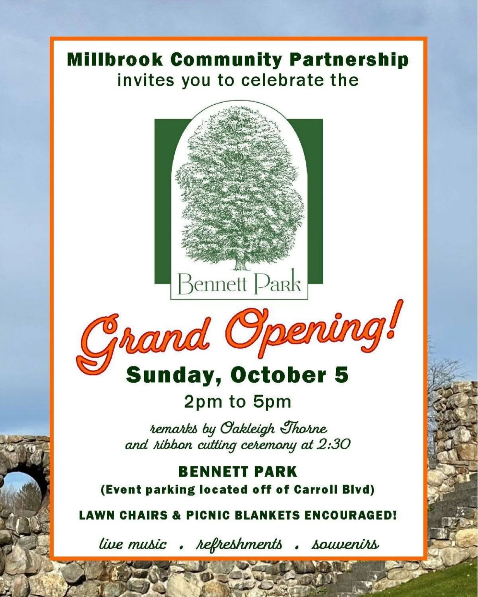 The Grand Opening of Bennett Park @bennettparkmillbrook &mdash; a beautiful new space to enjoy nature, recreation, and community connection &mdash; will be this Sunday, October 5th, from 2&mdash;5 PM 🍾 All are welcome💚

The ribbon-cutting ceremony 