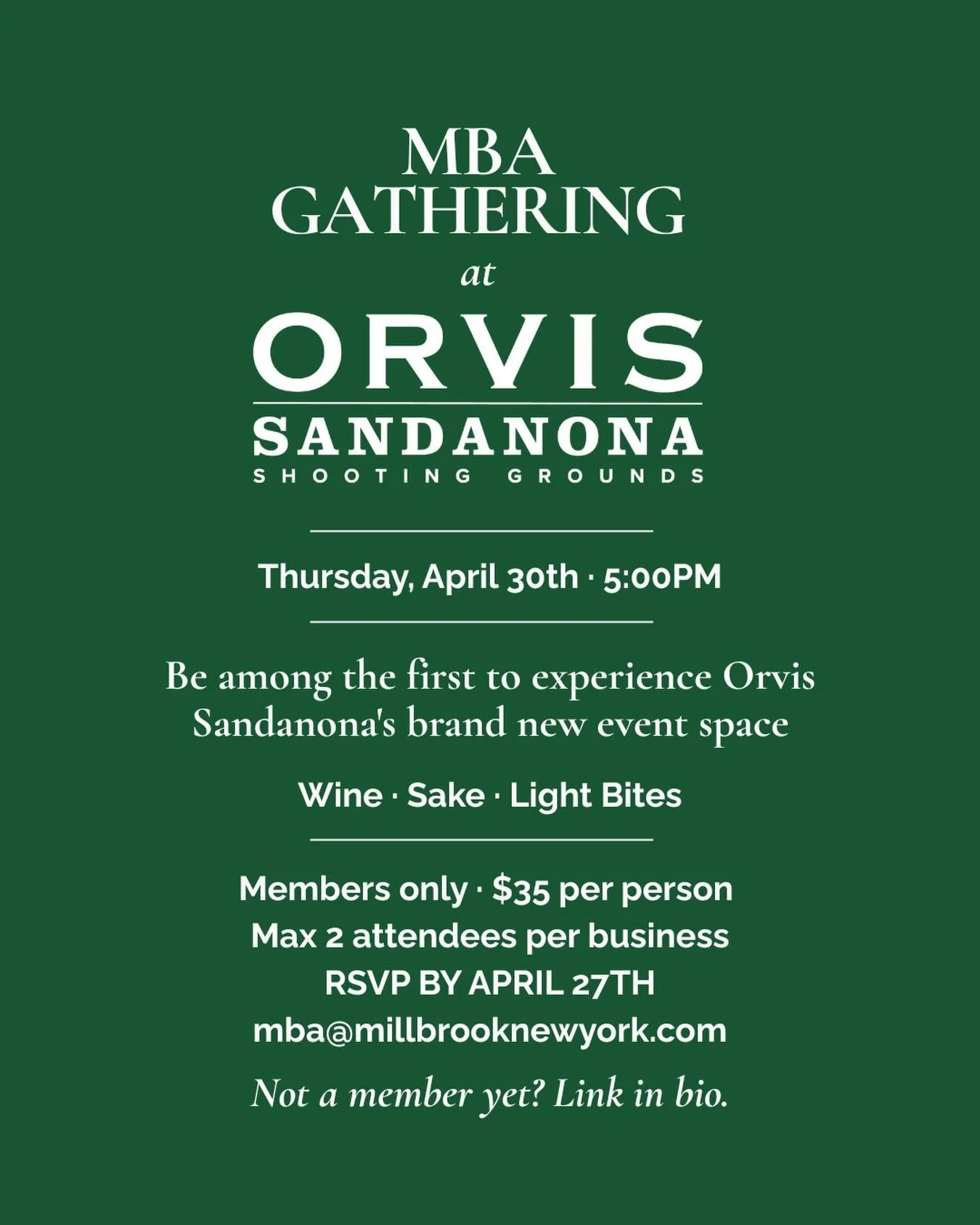 Something to look forward to this April. 🌱
The MBA&rsquo;s first gathering of 2026 takes place on Thursday, April 30th at 5:00PM at one of Millbrook&rsquo;s most beloved spots: Orvis Sandanona. We&rsquo;ll be among the first guests ever to experienc