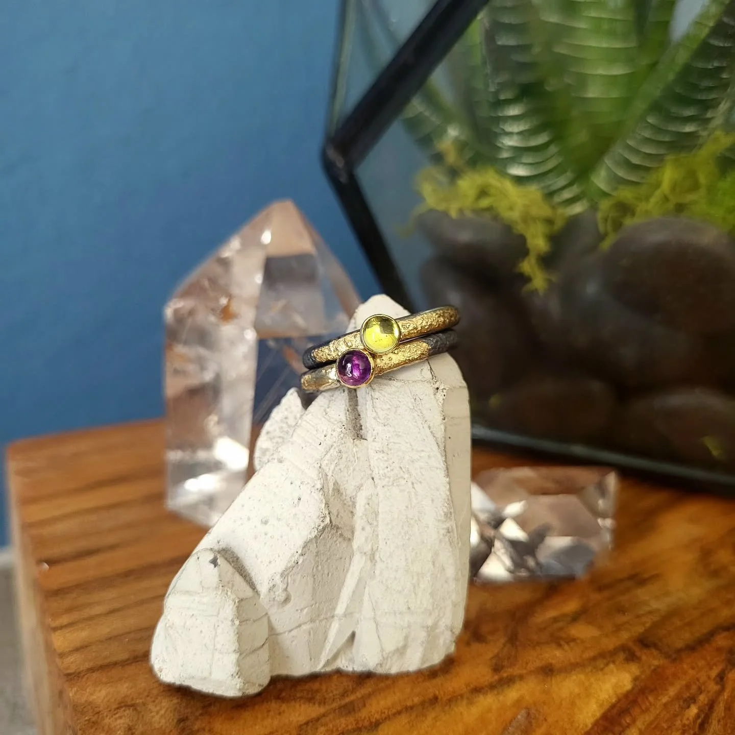 It's a summer of sweet little things, and I'm in love!
✨️💚💜✨️
I've been working through my special orders, and this sweet little birthstone stacking set with peridot and amethyst recently headed home! Solid gold and diamond earring projects, along 
