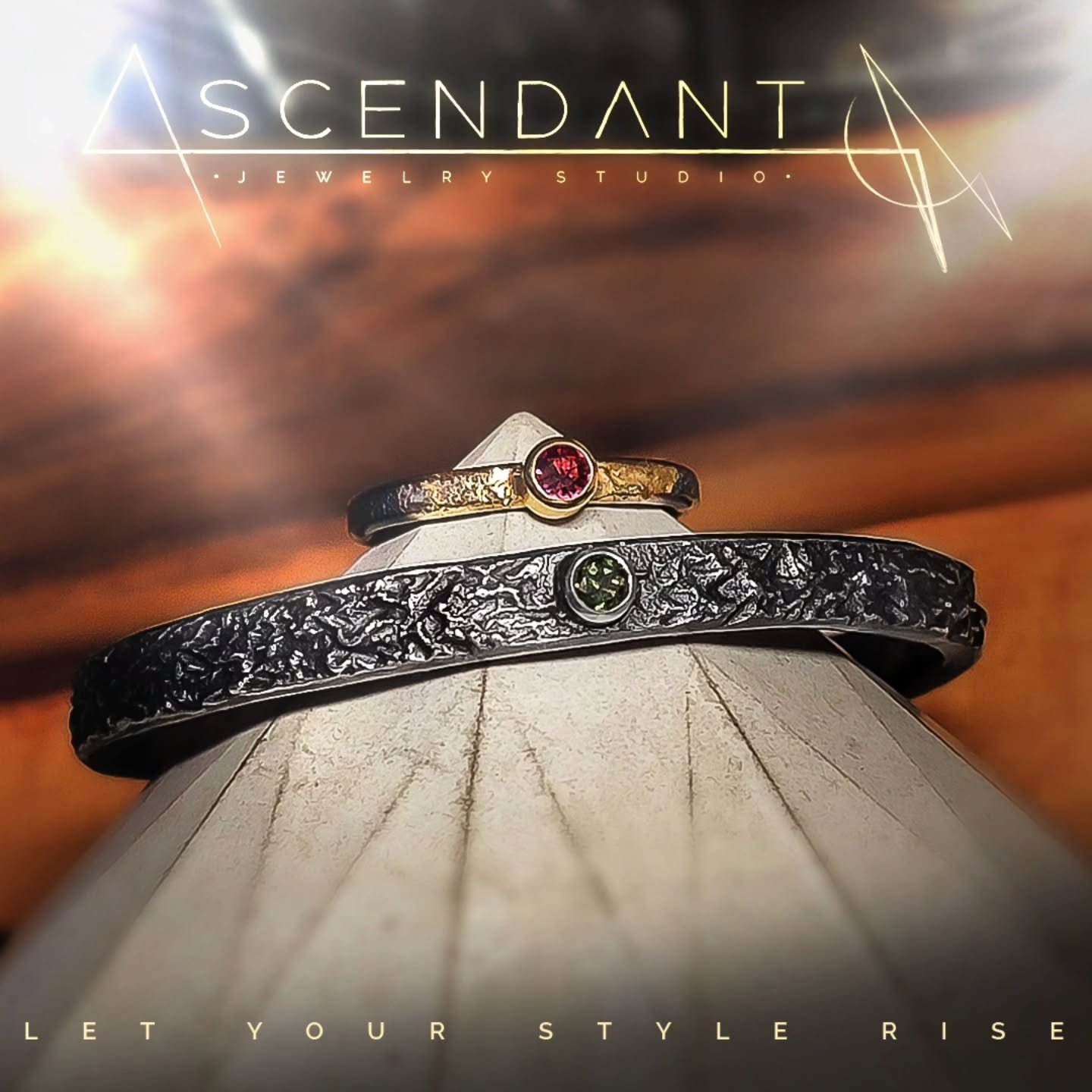 We love this festive custom duo! This beautiful Primordia "Transcendental Stacking Ring" with a berry colored Umba sapphire and textural Primordia "Lava Rock" cuff with a deep green tourmaline are ready to be wrapped up and shippe