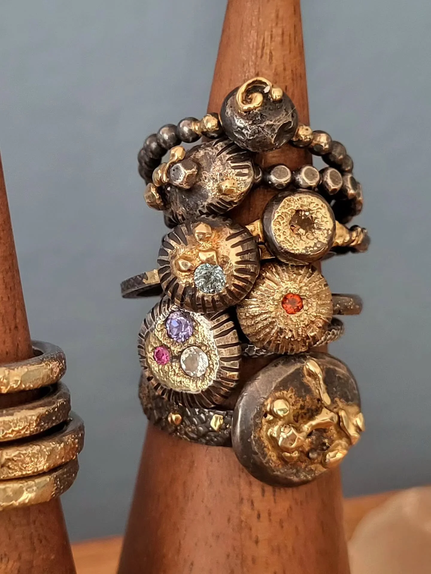 Rings of fire and earth
☄️🌋🌍
I'm a firm advocate of texture in my jewelry work and beyond. I use the torch to build layers of texture in metal on top of each other attempting to create work that evokes ancient, geological time. Kind of like how a v