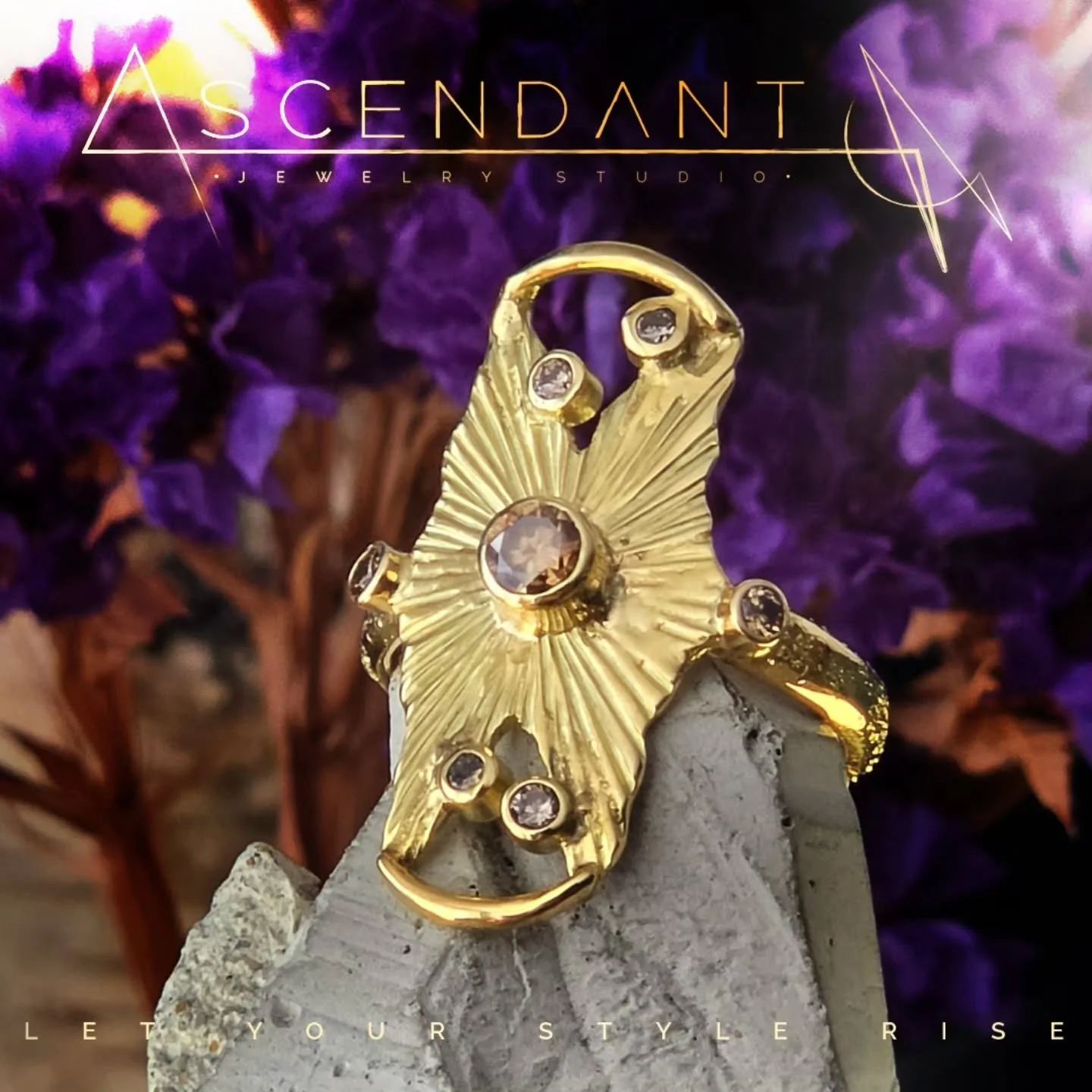I got flashy with this Primordia "Golden Signal" ring in solid 18 karat yellow gold with hand carved radiating texture, signature organic double "V" and golden arc design motifs, and a smattering of cognac and champagne diamonds! 