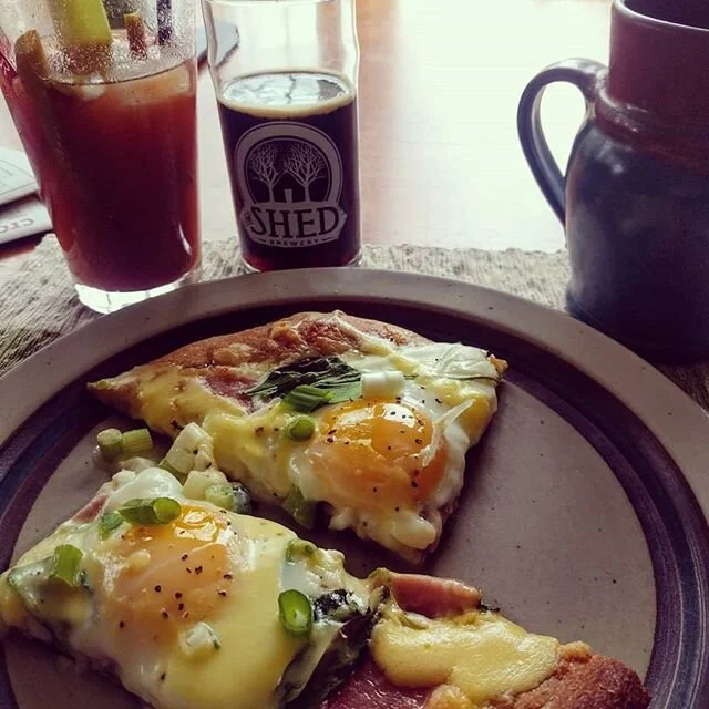If we can't go out for bloodys and eggs benny pizza at @americanflatbread than we'll make our own! Delicious, but not the same. Can't wait to support our favorite restaurants again!! #quaratinecooking