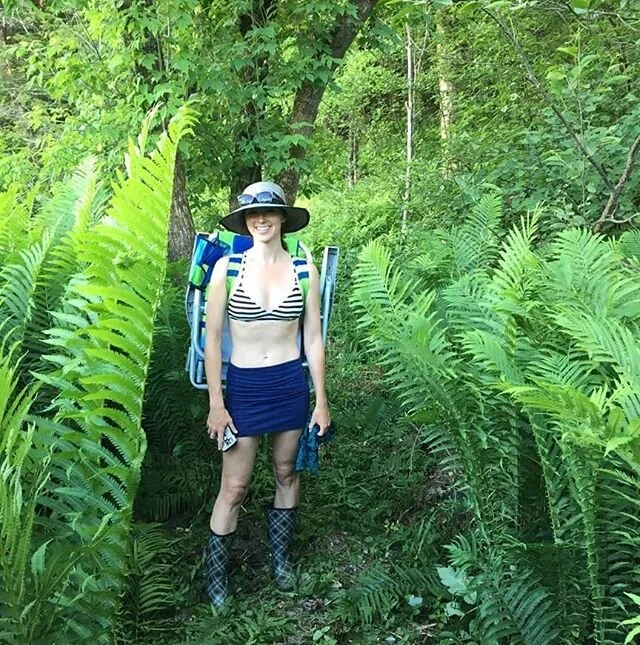 Have to say, this turned out to be one of my better outfits. Especially when bushwhacking down our ravine to the river beach, now known as #bushwhackbeach. Perfect spot for these 90 degree days! #vtsummer #millbrook #bootsandbikinis