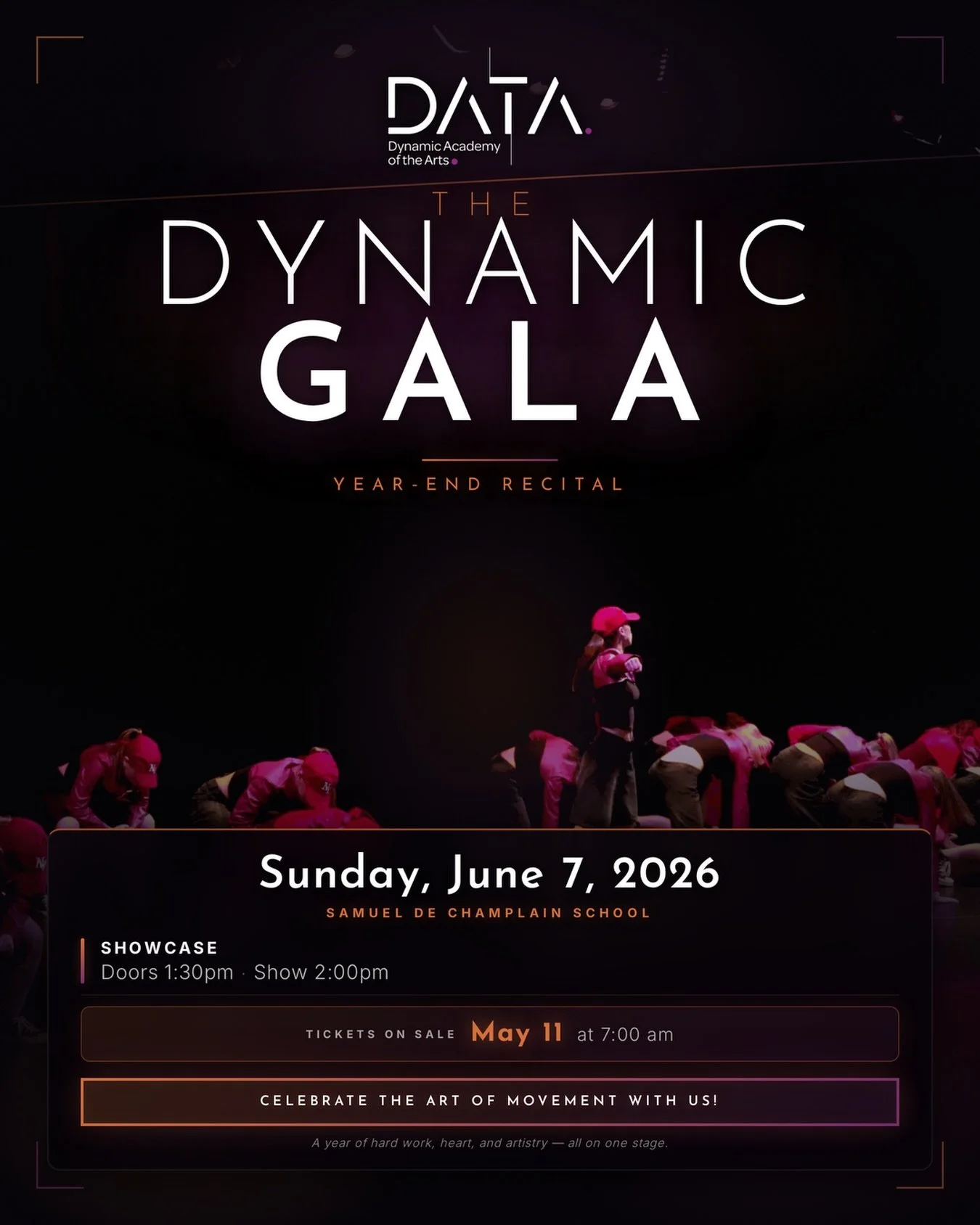 Tickets drop Monday, May 11 at 7am. Join us for the Dynamic GALA Year End Recital! 🎭

🎫 https://25368.danceticketing.com/landing.cfm?loc=4