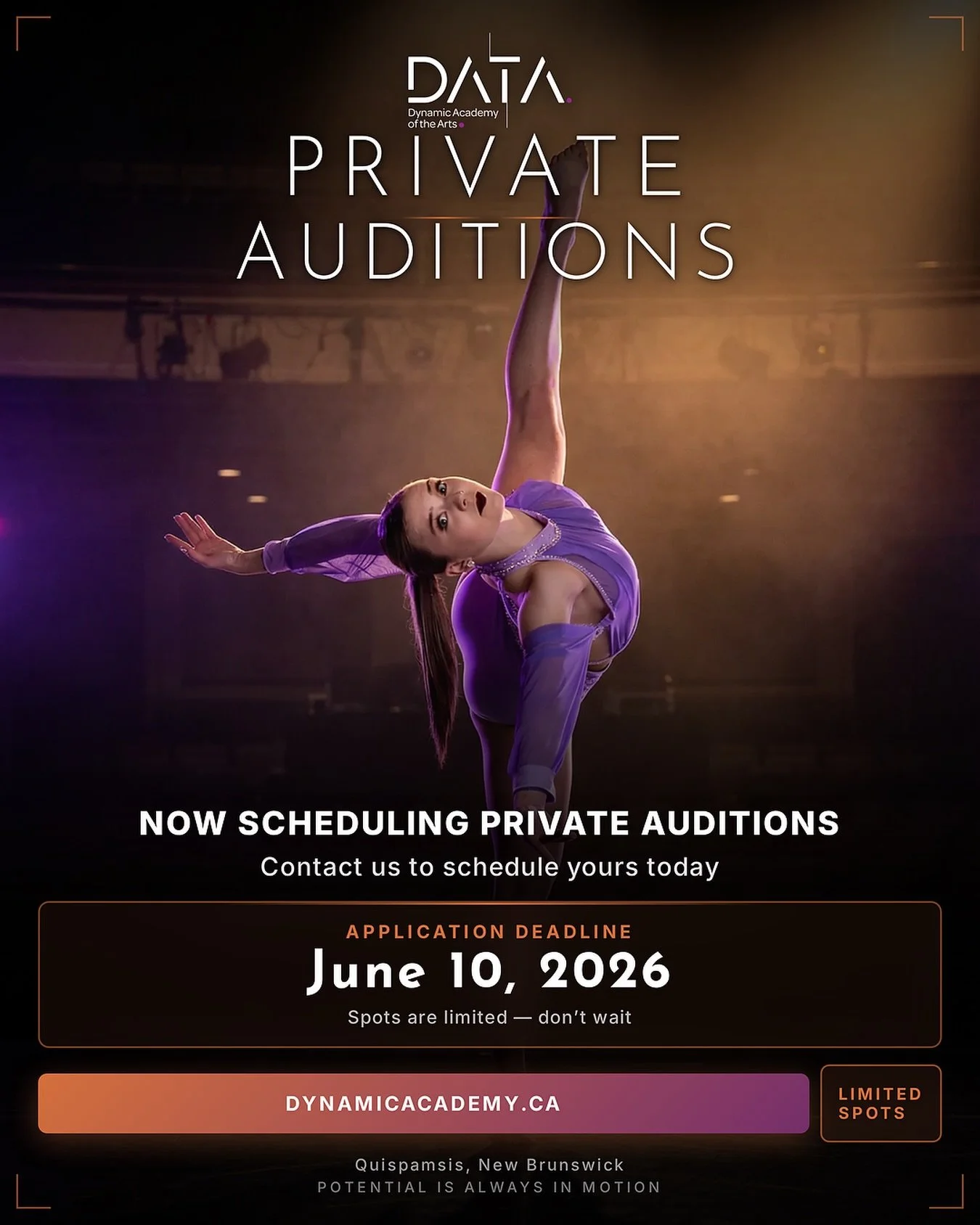 Private auditions are now being scheduled at DATA. 💜

For dancers ready for stronger training, bigger goals, and more opportunities, this is your next step.

Spaces are limited and the application deadline is June 10, 2026.

Contact us today to sche