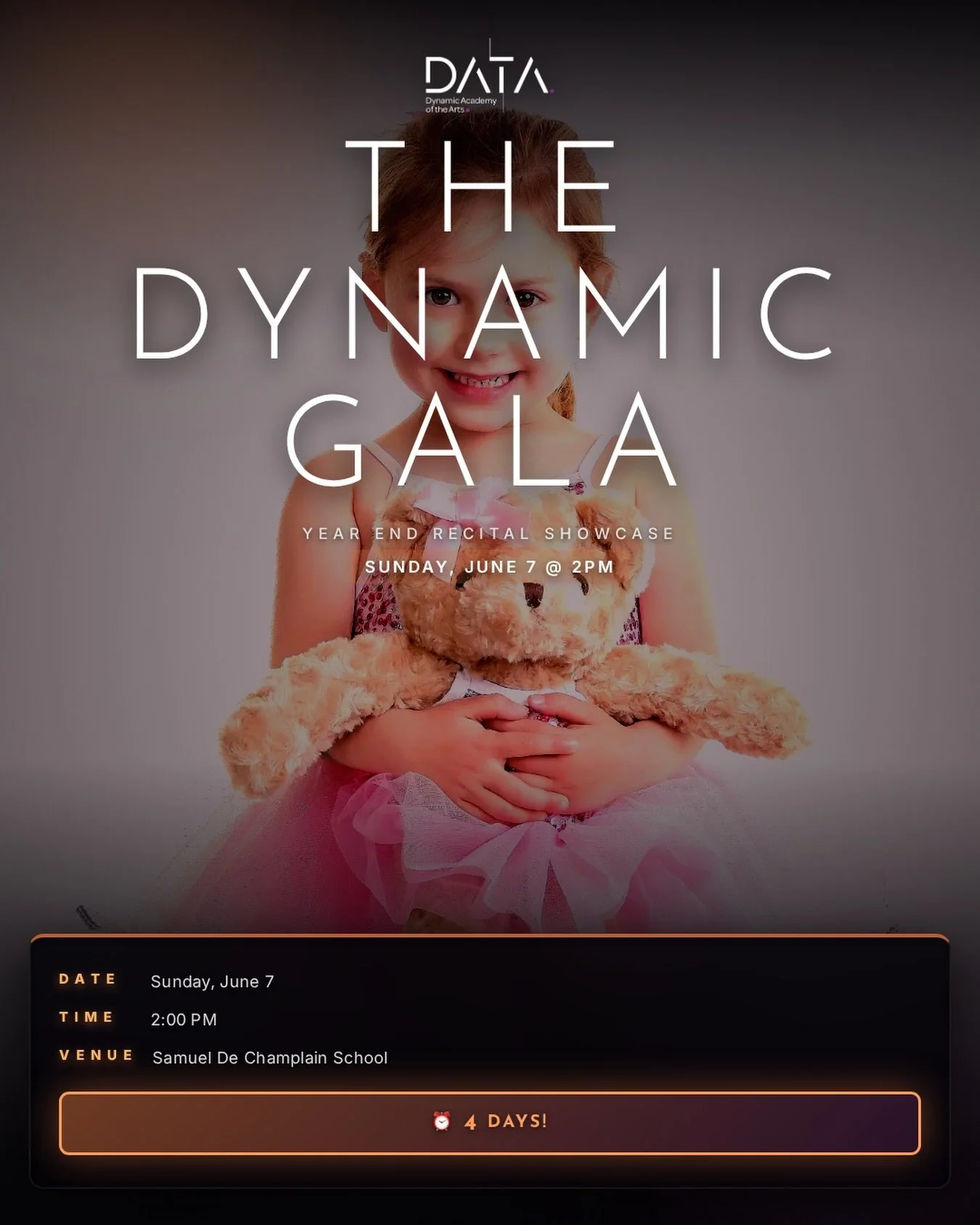 ✨ THE DYNAMIC GALA ✨

For months, our dancers have been preparing for this moment. Hours of rehearsal. Countless perfected movements. Pure dedication.

This Sunday, they step onto the stage to share their art with you.

The Dynamic Gala is our Year E