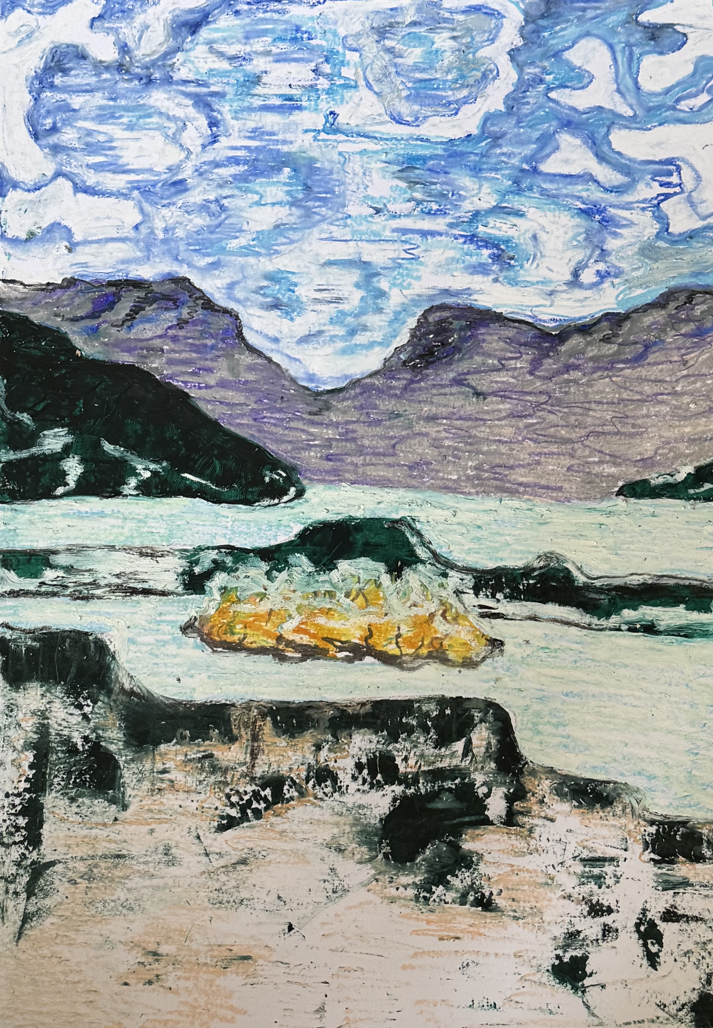 Sata Pond 

Oil stick on paper 2025 

42x59 cm 

