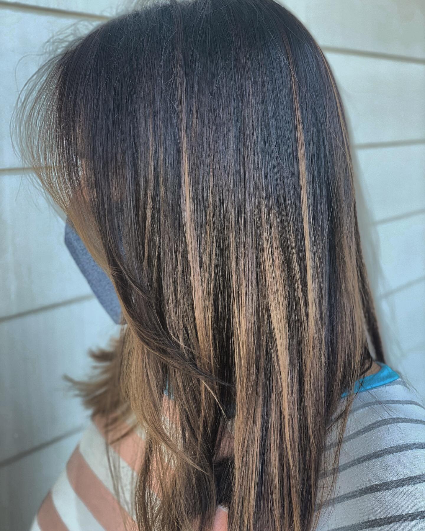 This lovely lady came in with a grown out, pretty bright and brassy balayage. We glossed her to a lovely caramel that&rsquo;s much more blended and soft.