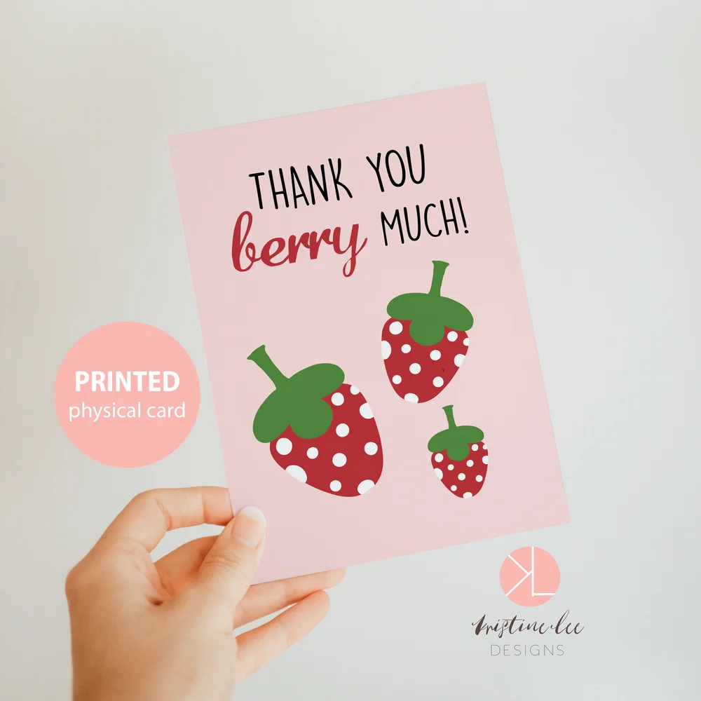 Thank you Berry Much Cute Pink Strawberry Thank you Card — Kristine Lee  Designs