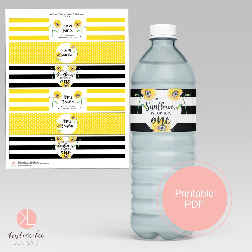Our Little Sunflower is Turning One Printable Water Bottle Label Sunflower Birthday Editable PDF — Kristine Lee Designs