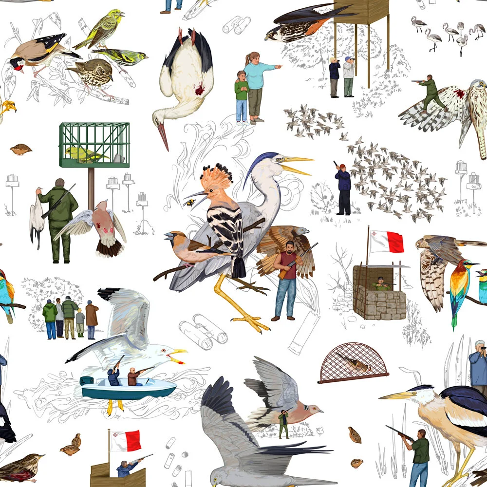 The final pattern tile included some challenging imagery of injured birds with the intention of hitting home the seriousness of the issue. There are also two Maltese flags to place the problem and even formation of the island of Malta hidden in the …