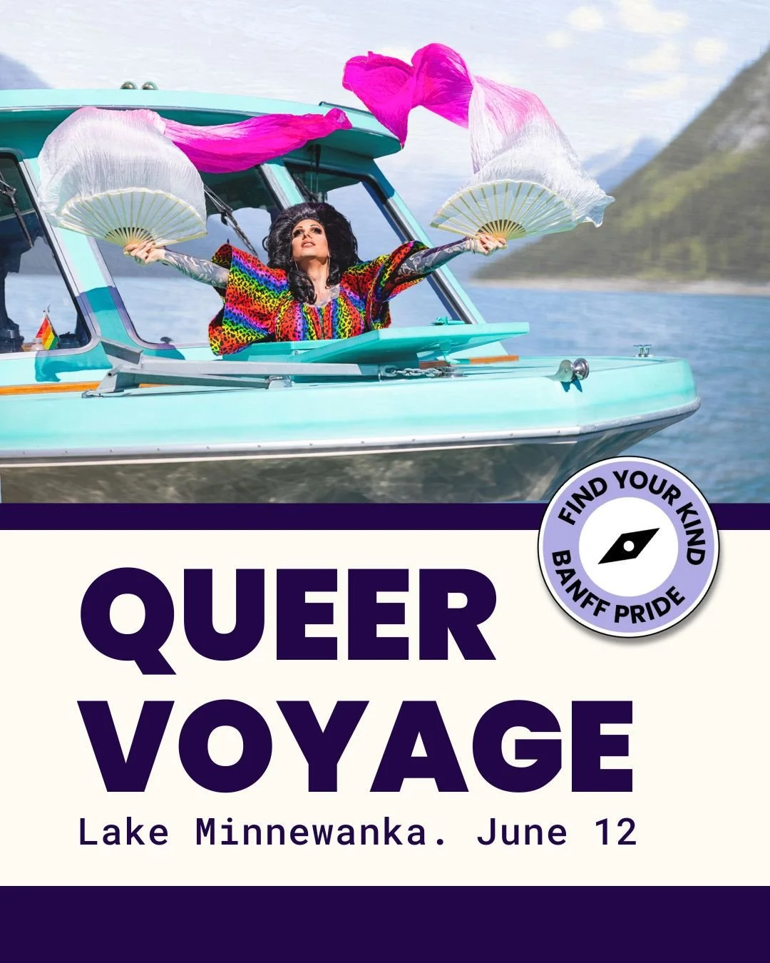 Knot your average cruise. 🌈⁠
An evening on Lake Minnewanka with drag, comedy, and craft beer. Glacial water, peaks all around, the long June light doing its thing.⁠
Friday, June 12, 5:00pm. 18+. Two-guest minimum, so bring someone good. Tickets at t