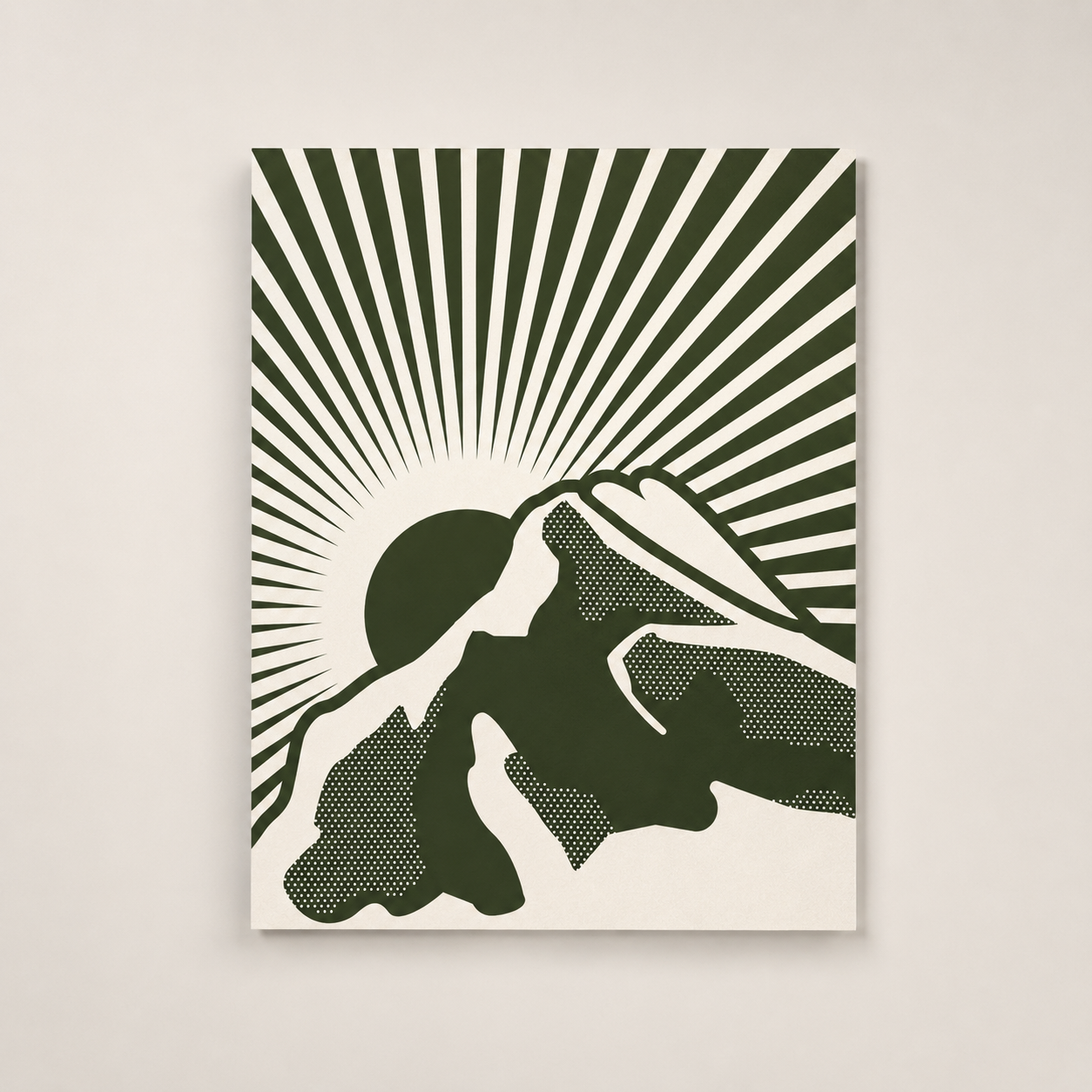 Rundle Rising art print in the Spruce colourway, featuring a bold orange-red illustration of Rundle Mountain, rising sun, halftone texture, and radiating lines on a cream background.