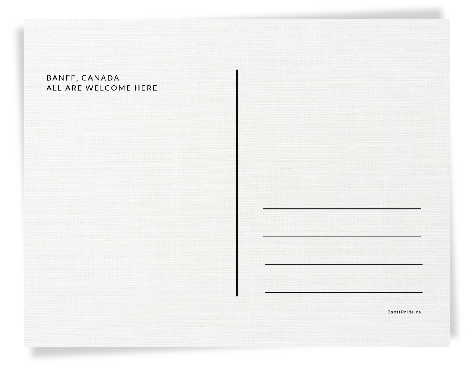 Postcard back layout with the text “Banff, Canada — All are welcome here,” address lines, and “BanffPride.ca.”