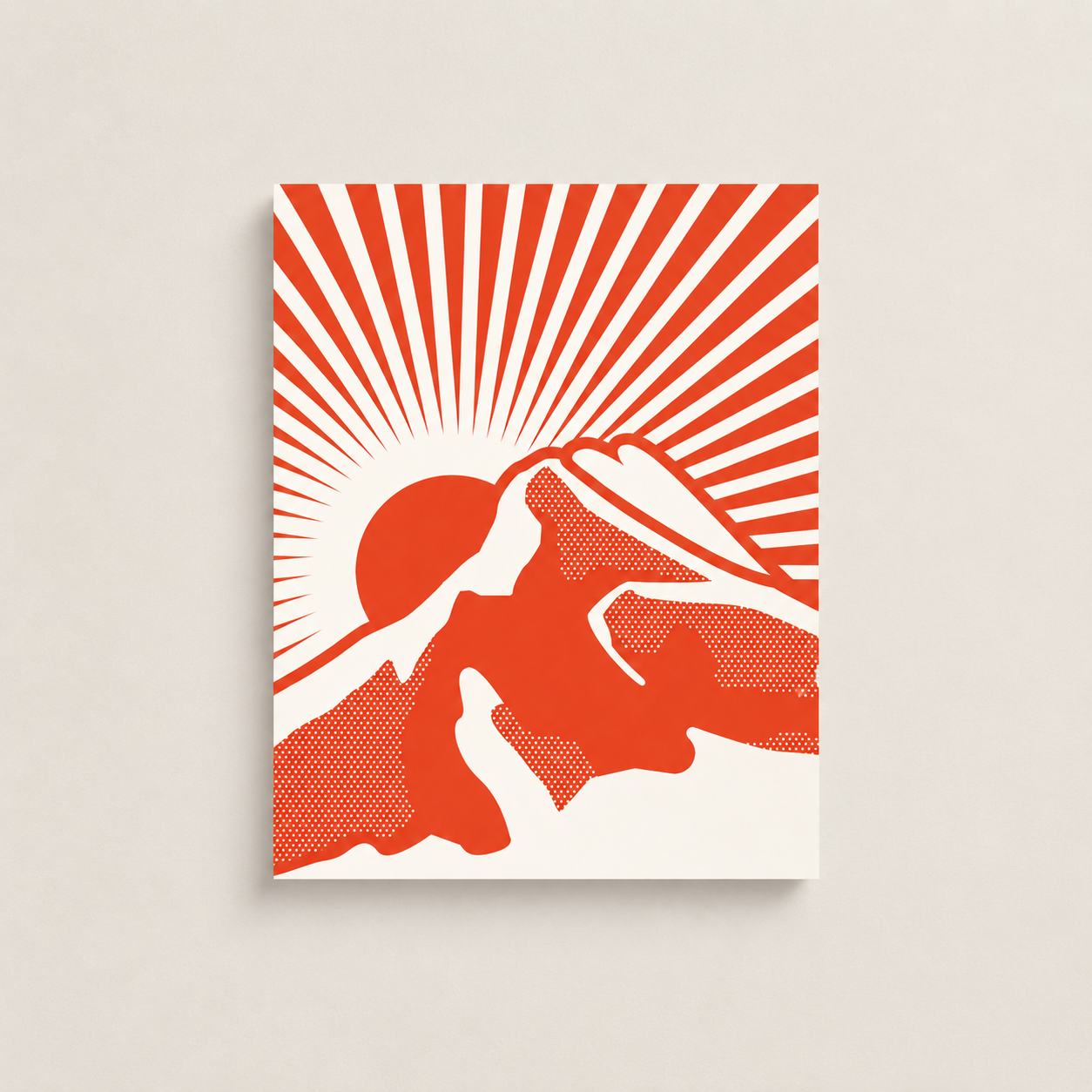 Rundle Rising art print in the Fire colourway, featuring a bold orange-red illustration of Rundle Mountain, rising sun, halftone texture, and radiating lines on a cream background.