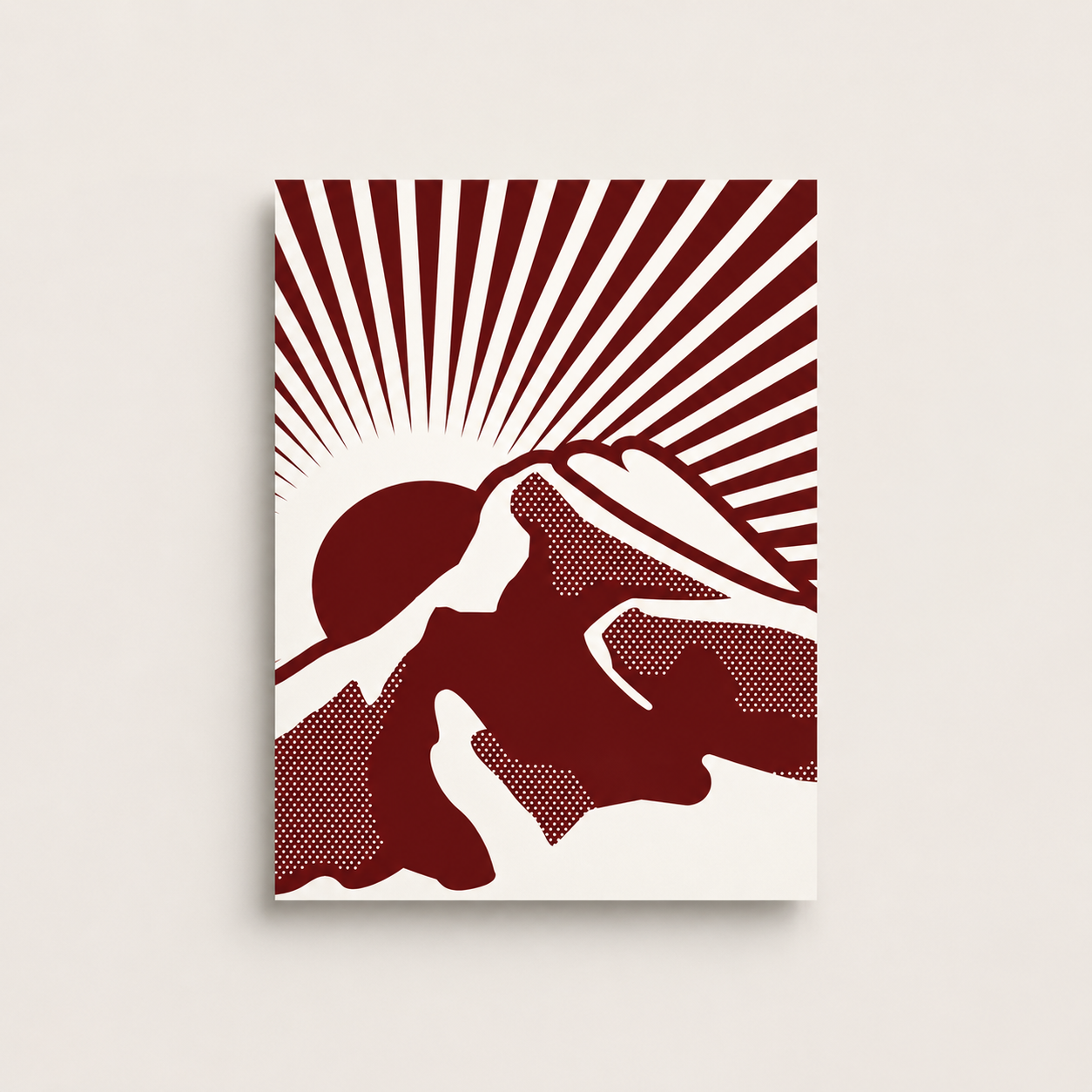 Rundle Rising art print in the Ruby colourway, featuring a bold orange-red illustration of Rundle Mountain, rising sun, halftone texture, and radiating lines on a cream background.