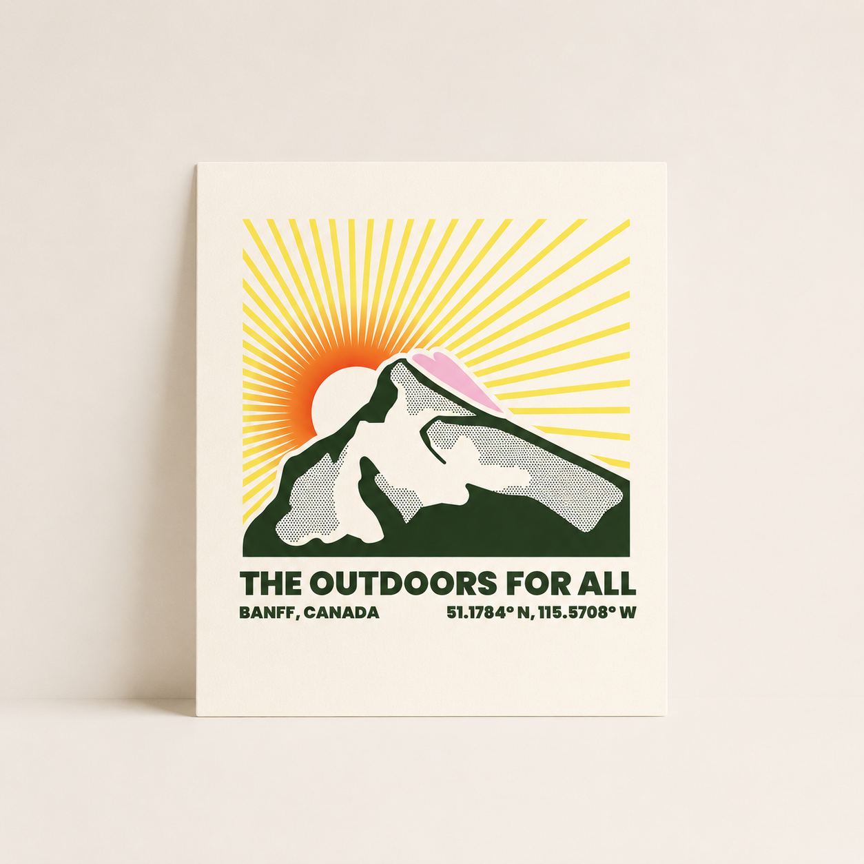 Rundle Rising: Outdoor Club art print featuring Rundle Mountain in dark green with halftone texture, a rising orange s