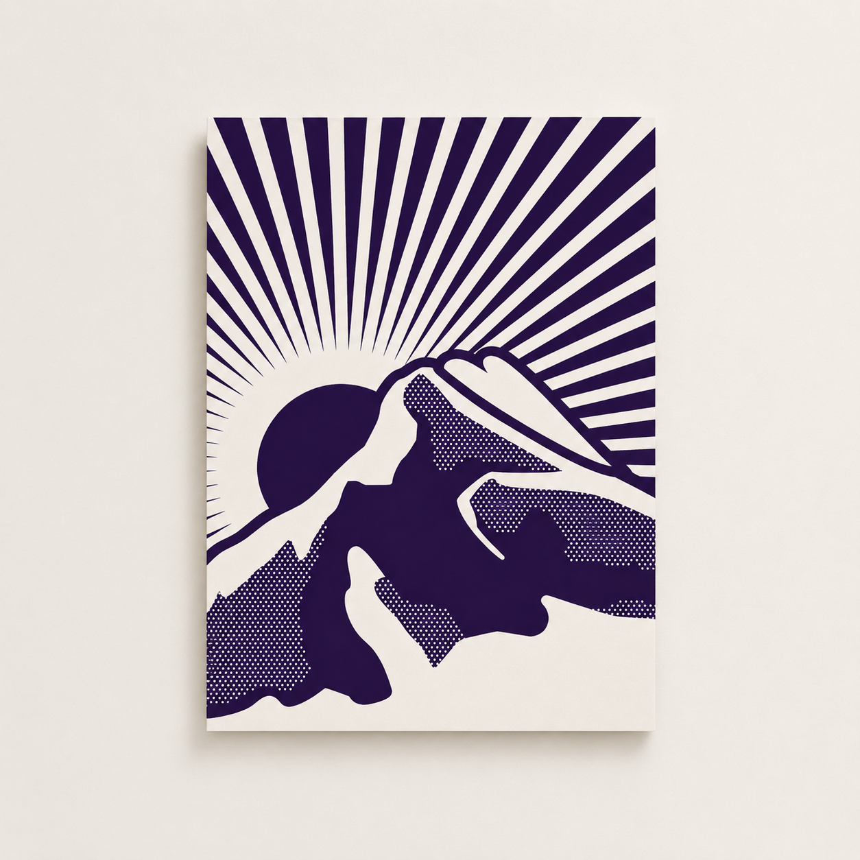 Rundle Rising art print in the Denim colourway, featuring a bold orange-red illustration of Rundle Mountain, rising sun, halftone texture, and radiating lines on a cream background.