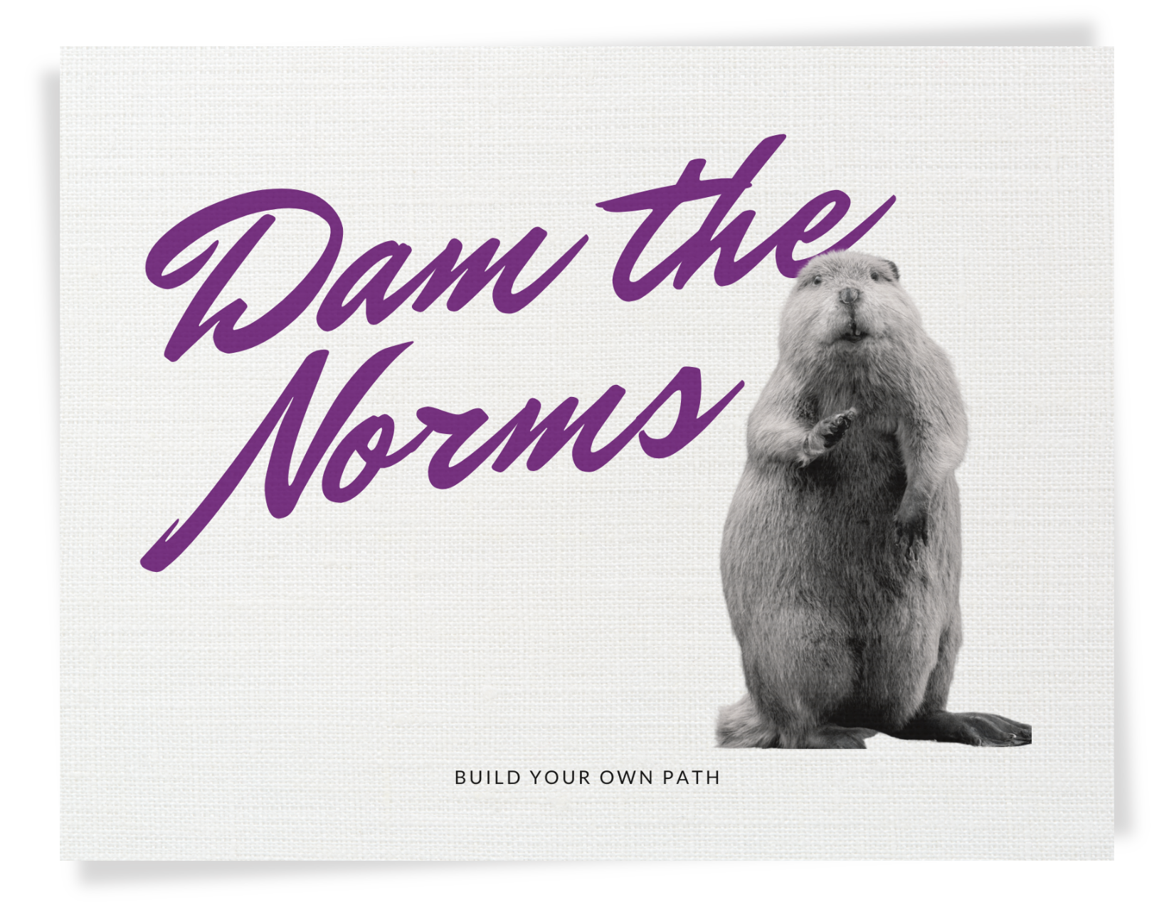 Postcard front with purple text “Damn the Norms,” a beaver illustration/photo, and the words “Build Your Own Path.”