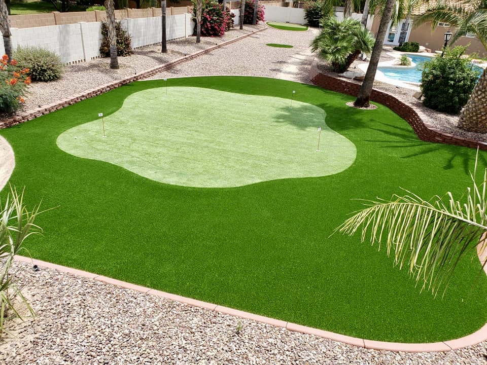 golf at home with a spacious custom artificial turf grass fake putting green
