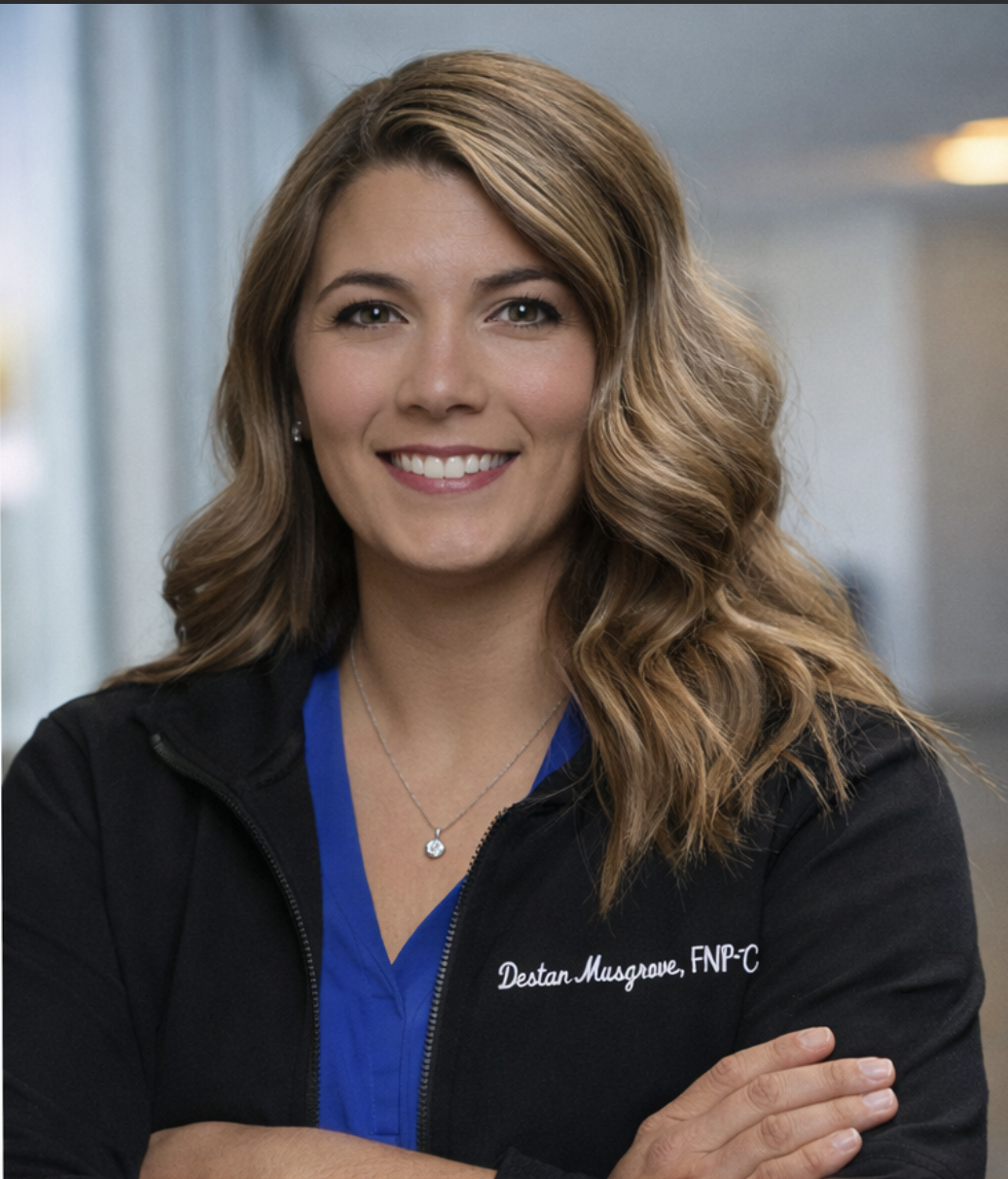 A woman with wavy light brown hair smiling at the camera, wearing a black jacket with white embroidery, over a blue shirt, in a warmly lit indoor setting with family decorations in the background.