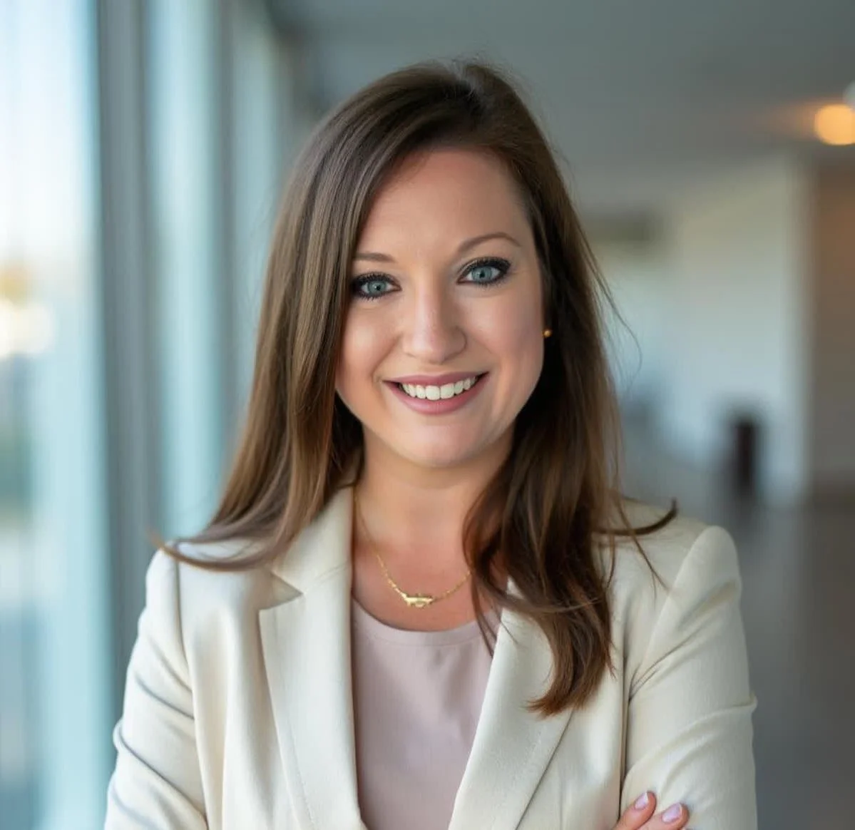 A woman with straight brown hair, wearing a white medical coat and a black top, smiling at the camera in a medical setting with a skeleton model and medical supplies in the background.