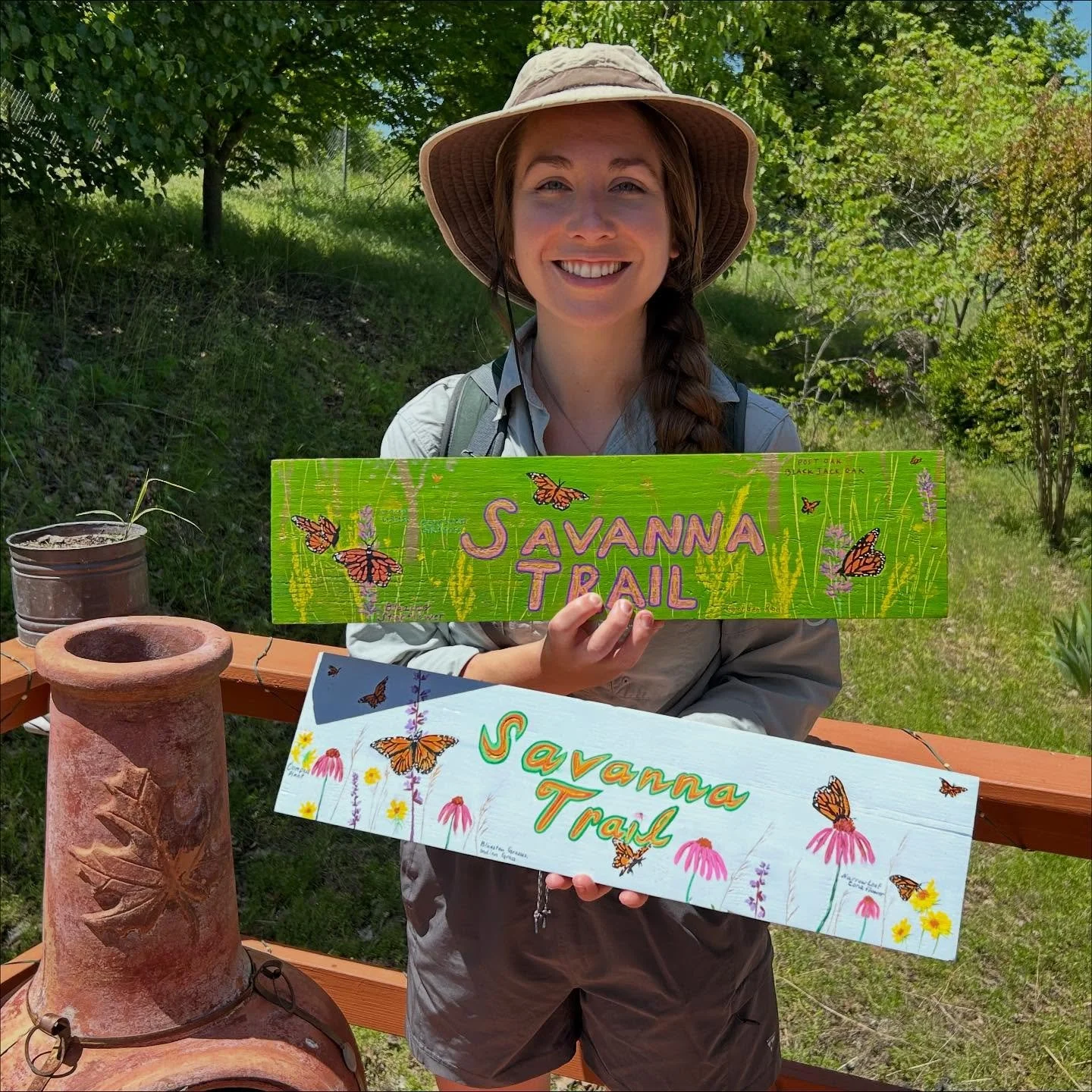 The newest art addition to the Ancient Forest is a series of hand painted trail signs on the new Savanna Trail, focusing on monarchs &amp; pollinator plants as the Savanna provides a way-station for our traveling friends🦋 I painted these two and had