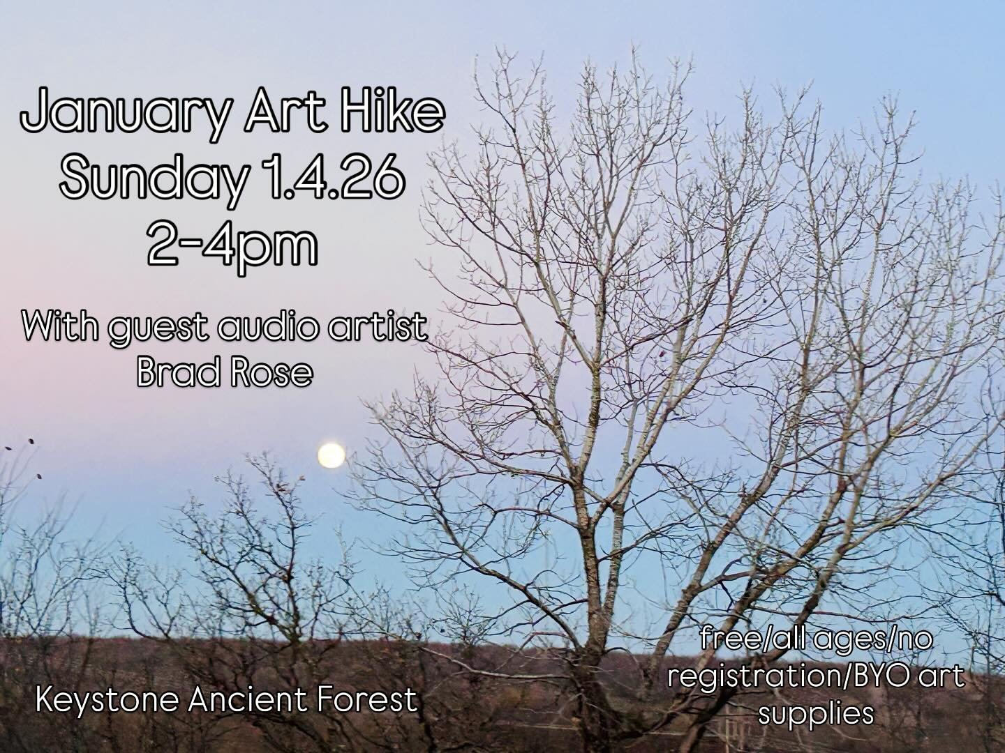The first Art Hike of 2026 is coming up! This Sunday, January 4th from 2-4pm at Keystone Ancient Forest @keystoneancientforest join us as we explore using our senses to connect with our environment as special guest, audio artist, Brad Rose @foxy.digi