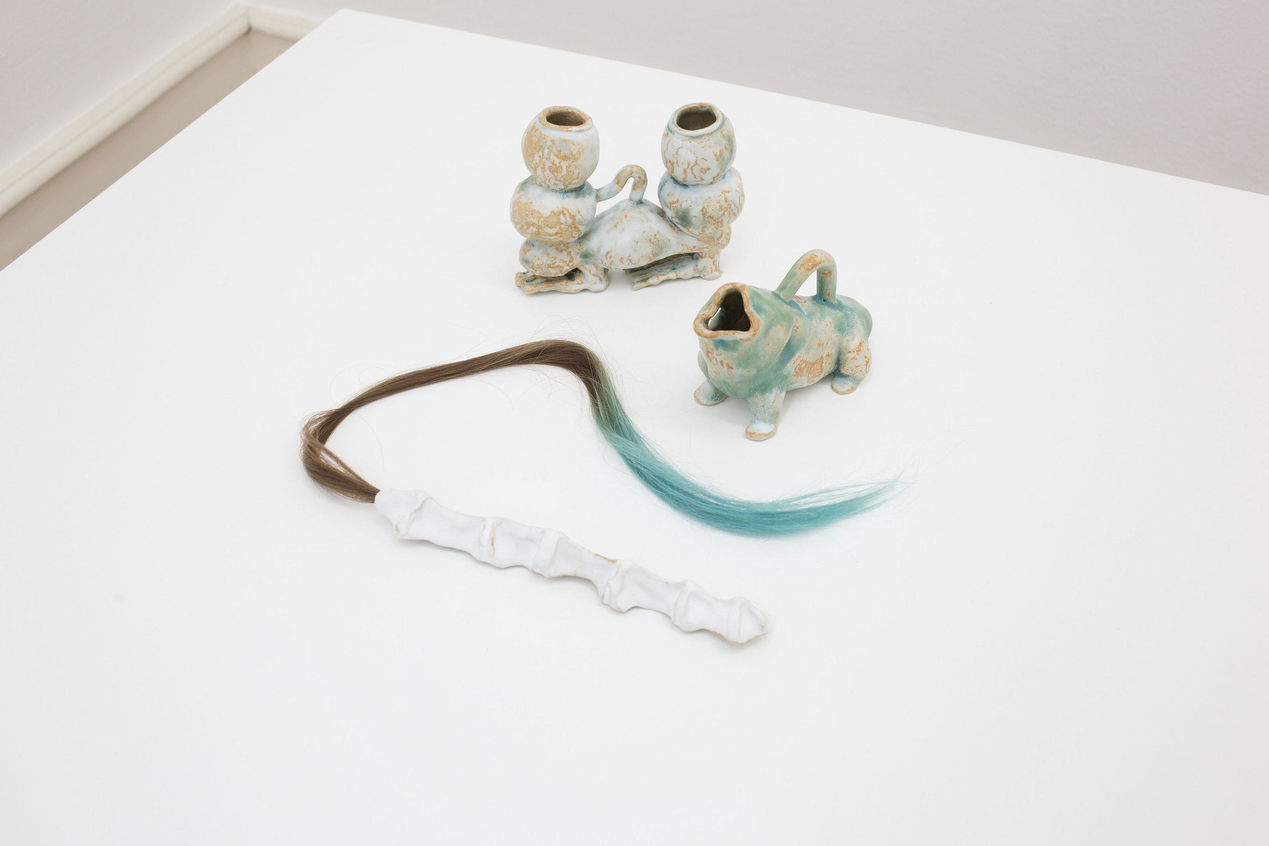  Ridiculous Accuracy In Our Time (part of series), 2016, tattoo arm warmer, ceramic, and hair extensions, Exhibition view at Kunsthaus Langenthal, Switzerland 