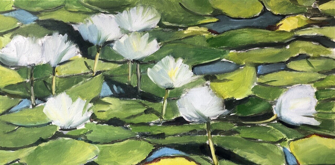 glen haven water lilies. 10”x20” oil on canvas 
