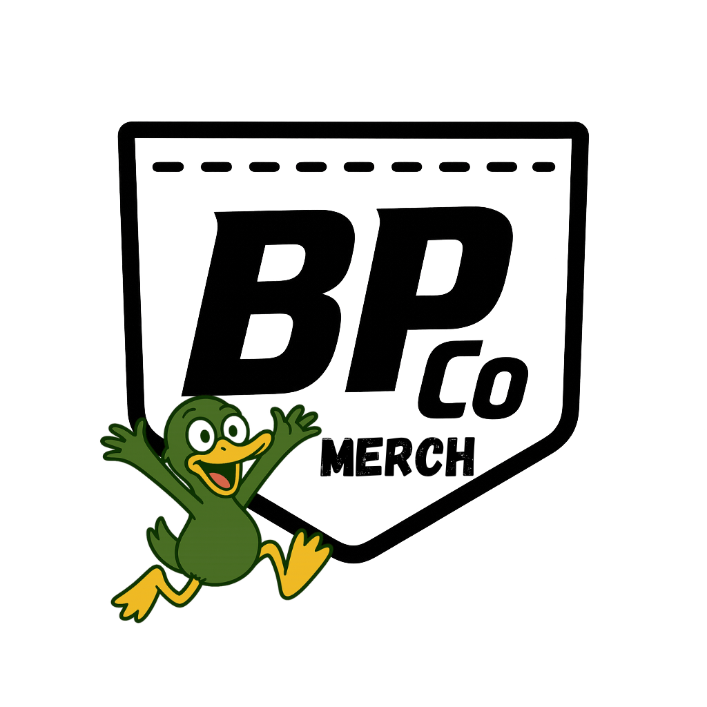 Graphic logo for BP Co Merch featuring a cartoon green duck with a yellow beak and feet, cheerful and jumping, with the BP Co Merch text inside a shield-shaped outline.